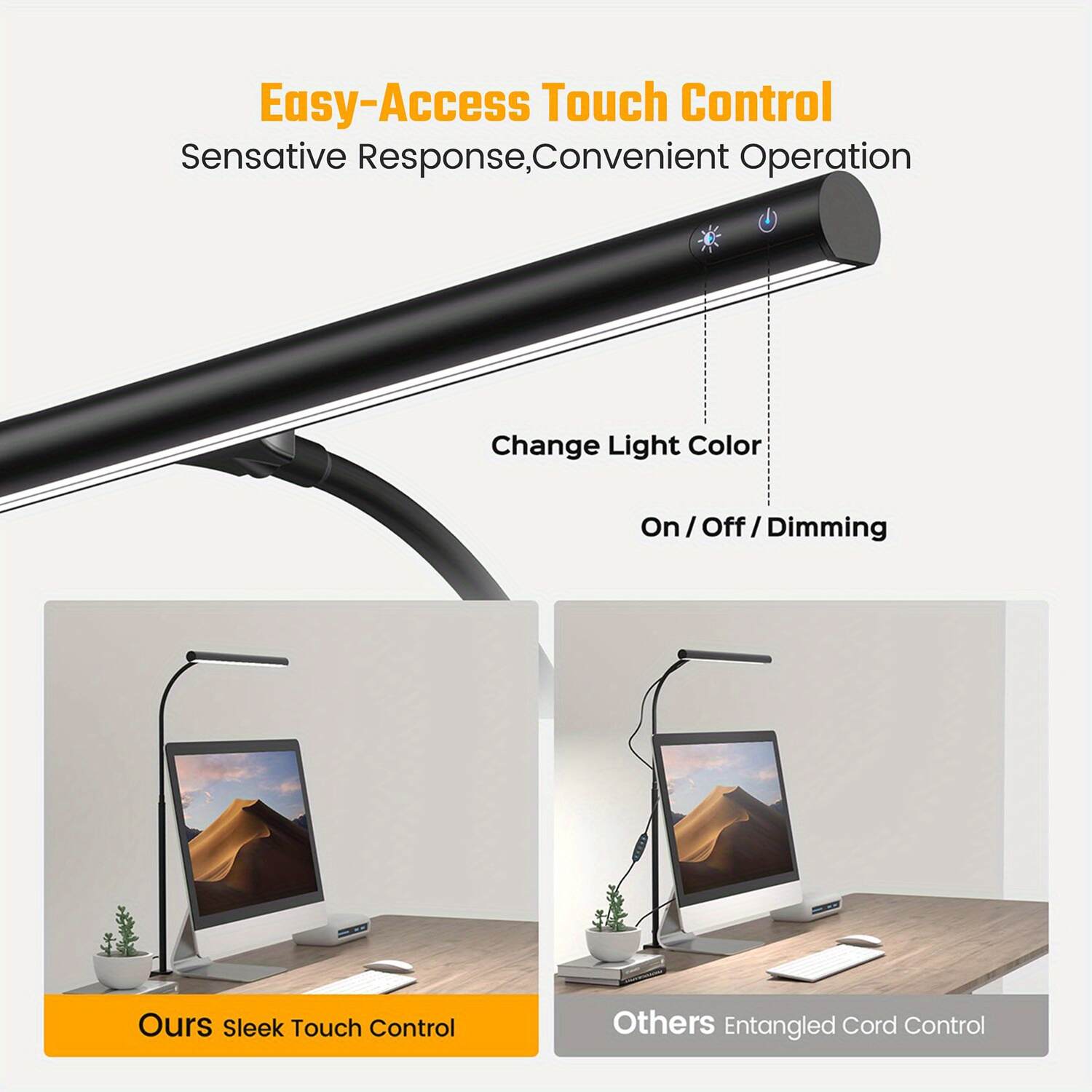 Desk Lamp for Home Office, Eye-Caring Desk Light with Adjustable Gooseneck, 12W Touch Control Dimmable Brightness, Architect Clamp Lamp for Computer Monitor