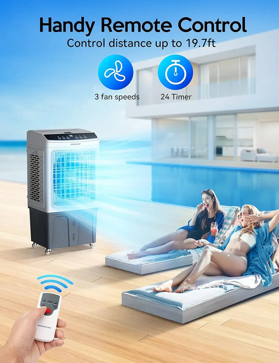 Evaporative Air Cooler,  2100-3000CFM Swamp Cooler, 120°Oscillation Air Cooler with Remote Control, 24H Timer, 3 Modes & Wind Speeds for Outdoor Indoor Use, 9.2Gallon-12Gallon
