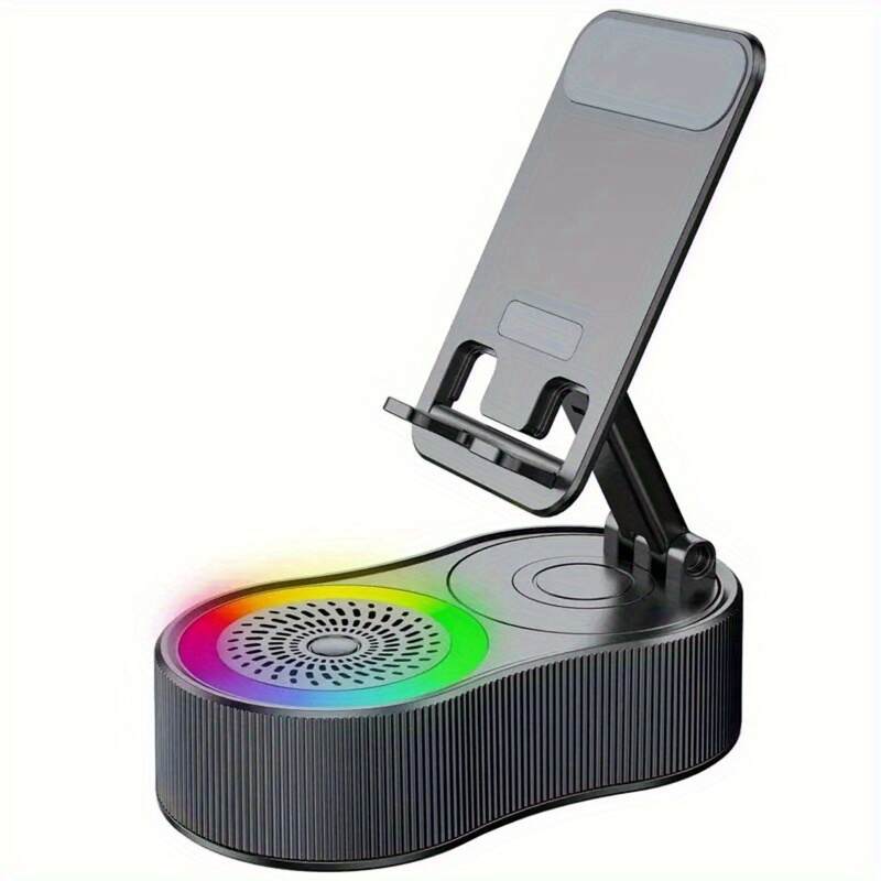 Upgraded Multi-Function Phone Holder with Wireless Speaker, RGB Mood Light & Wireless Charging - USB-C, Rechargeable Battery, Compatible with Phones/Tablets, Indoor/Outdoor Use, Valentine's Day & Holiday Gift, Multimedia Accessory, Speckled Design, Sturdy