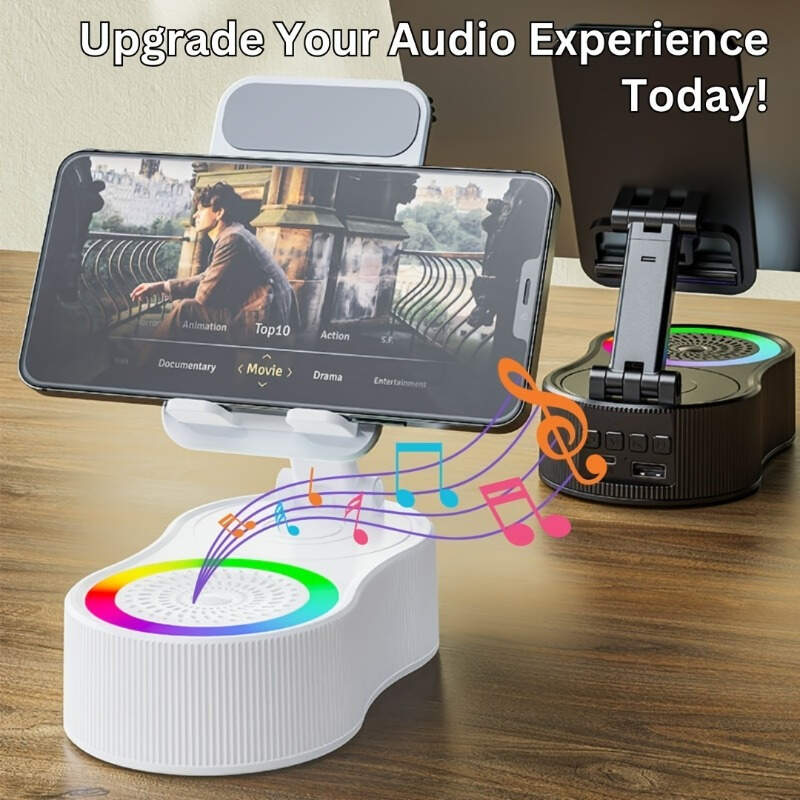 Upgraded Multi-Function Phone Holder with Wireless Speaker, RGB Mood Light & Wireless Charging - USB-C, Rechargeable Battery, Compatible with Phones/Tablets, Indoor/Outdoor Use, Valentine's Day & Holiday Gift, Multimedia Accessory, Speckled Design, Sturdy