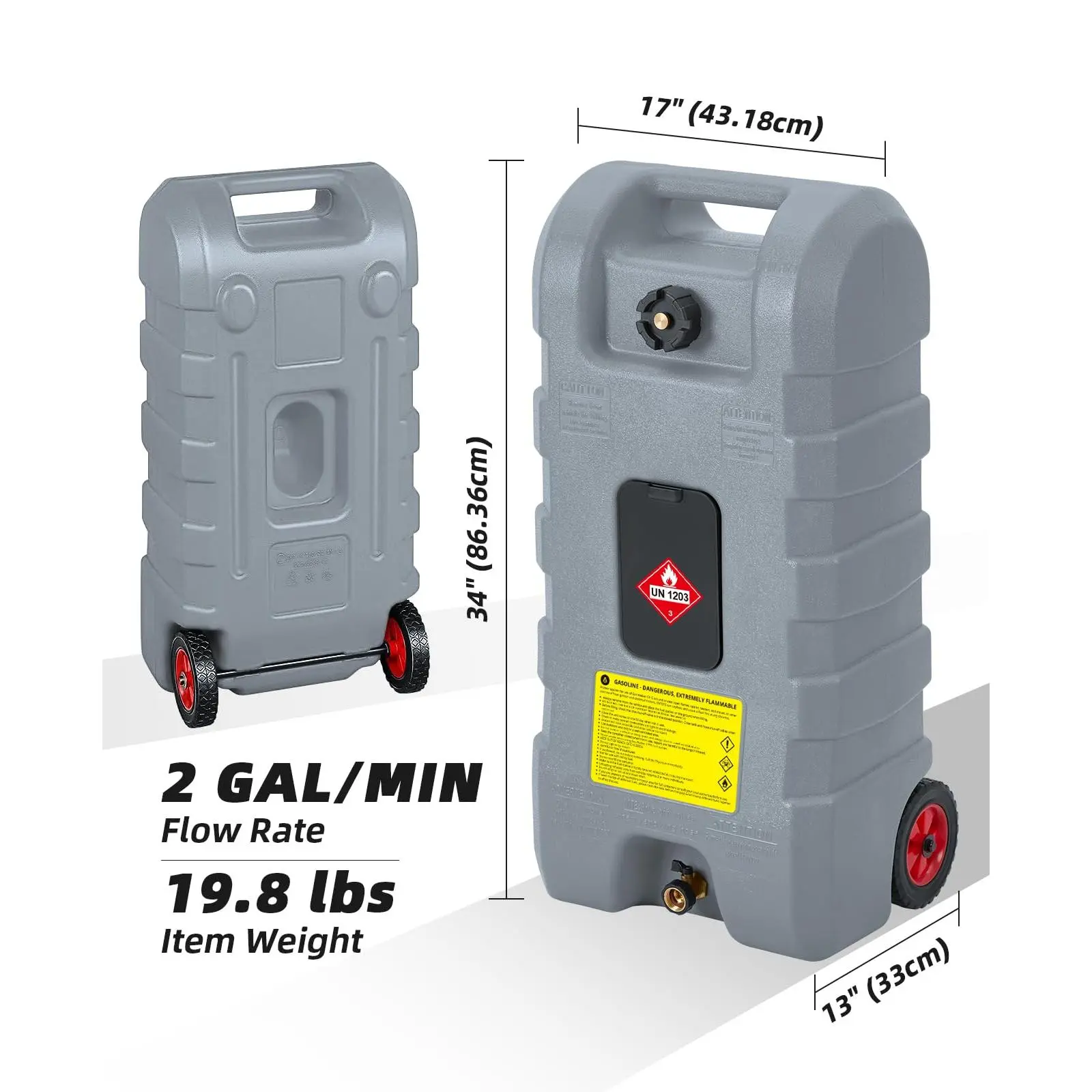 Portable Fuel Caddy with 10-ft Hose, Siphon Pump, and 7.5 L/min Manual Nozzle, Available in Gray, Red, and Yellow for Efficient Fuel Transfer and Storage.