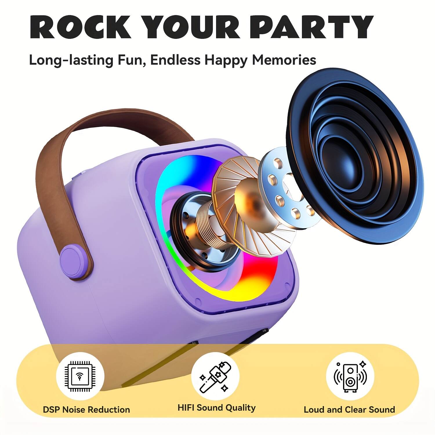 Portable Karaoke Machine, Wireless Speaker, Equipped With Dual Microphones, Rechargeable Lithium Battery, LED Party Light, Suitable For Smartphones, Tablets And Home Entertainment