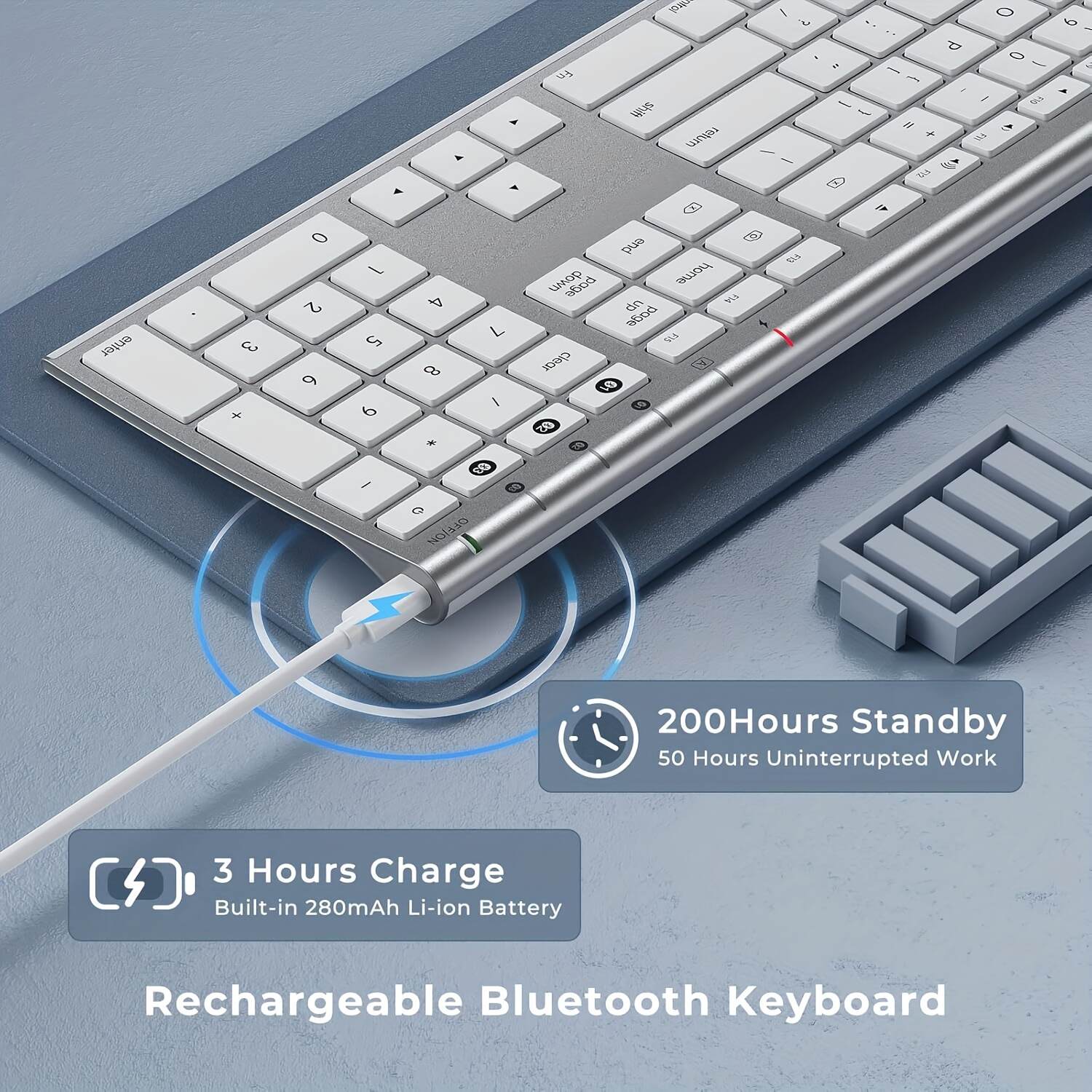 BT Keyboard for Mac- Rechargeable Full Size Keyboard for THREE Devices, Slim Quiet Keyboard with Numeric Keypad Compatible for MacBook Pro/Air, IMac, for iPhone, for iPad Pro/Air/Mini