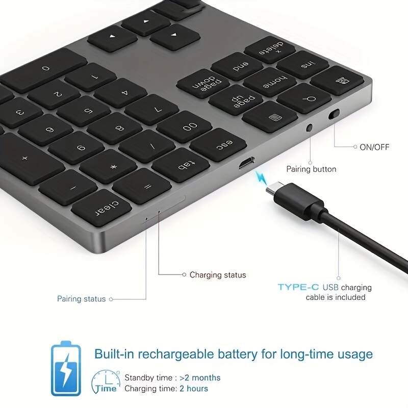 [Wireless Numeric Keyboard] 1pc Wireless 34-Key Numeric Keyboard | USB-C Rechargeable with Smart Recognition System, Compatible with MAC OS Computers, Includes USB Cable, Lithium Polymer Battery - Type-C Charging
