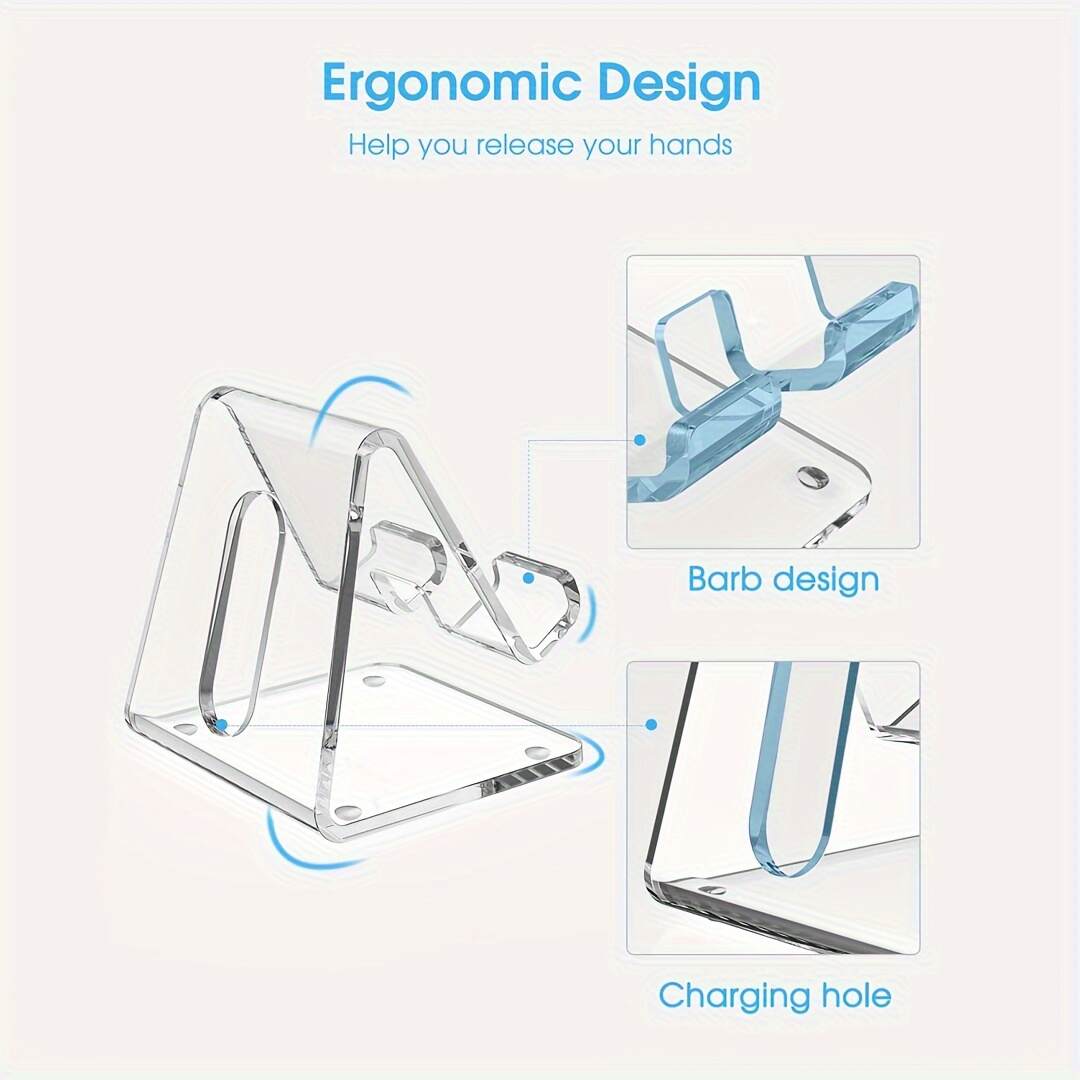 [Clear Phone Stand] Universal Clear Acrylic Phone Stand | ABS Material, Non-Slip Pads, Charging Hole, Ergonomic Design for All Smartphones 4-8 Inches - Office Desk Accessories