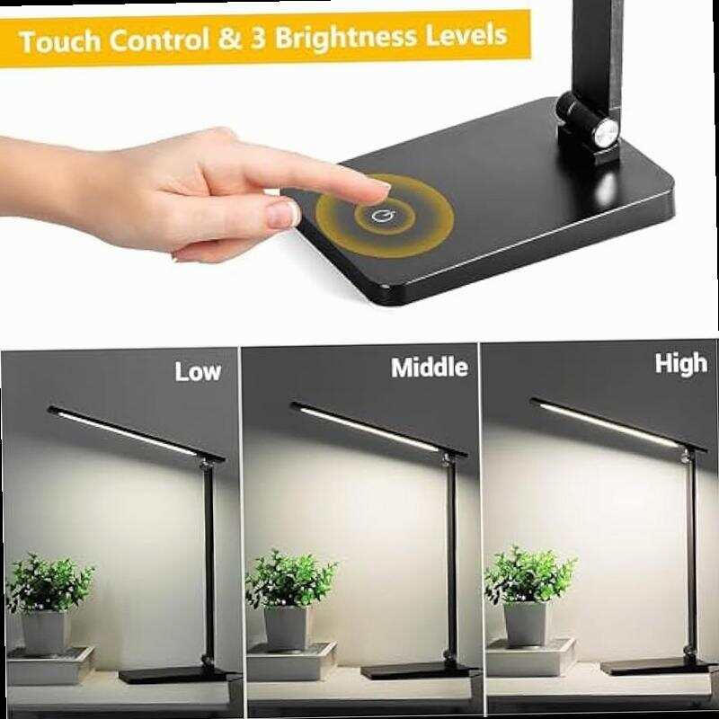 LED Desk Lamp for Home Office 3 Levels Dimmable Desk Light with USB Charging Port Small Study Lamp Reading Light for Table Black 5000K