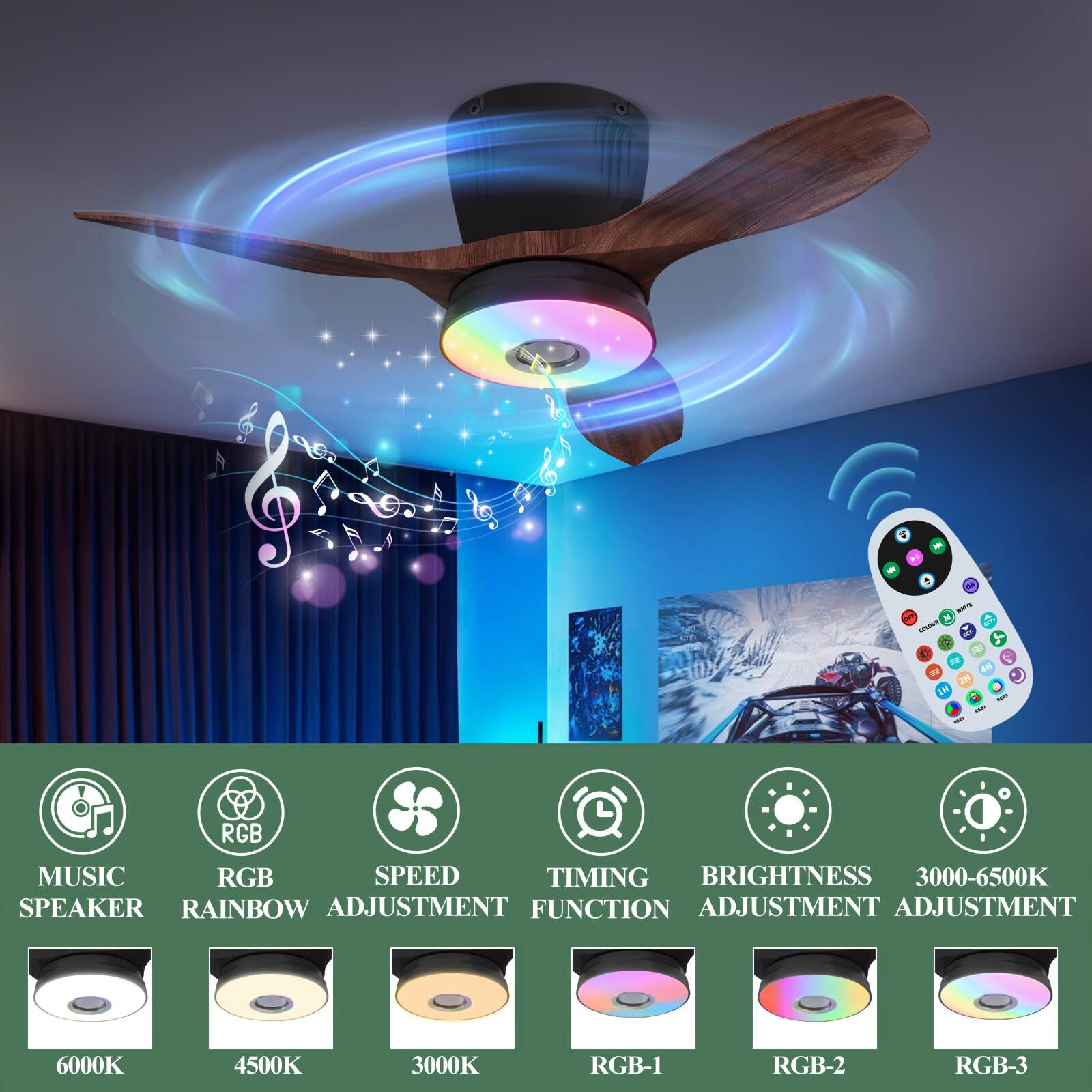 Smart RGB Rainbow Music Rhythm Speaker LED Fan with Light, 3-speed Socket Fan Light, Remote Control Timing, 3 Colors 3000-6500k Dimmable, Suitable for Home, Office, Restaurant, Party