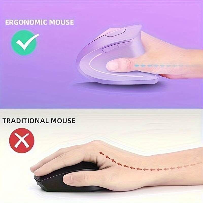 Ergonomic Wireless Mouse, Purple Rechargeable Vertical Mouse With USB Receiver, 6 Buttons For Laptops (Purple, Right Handed)