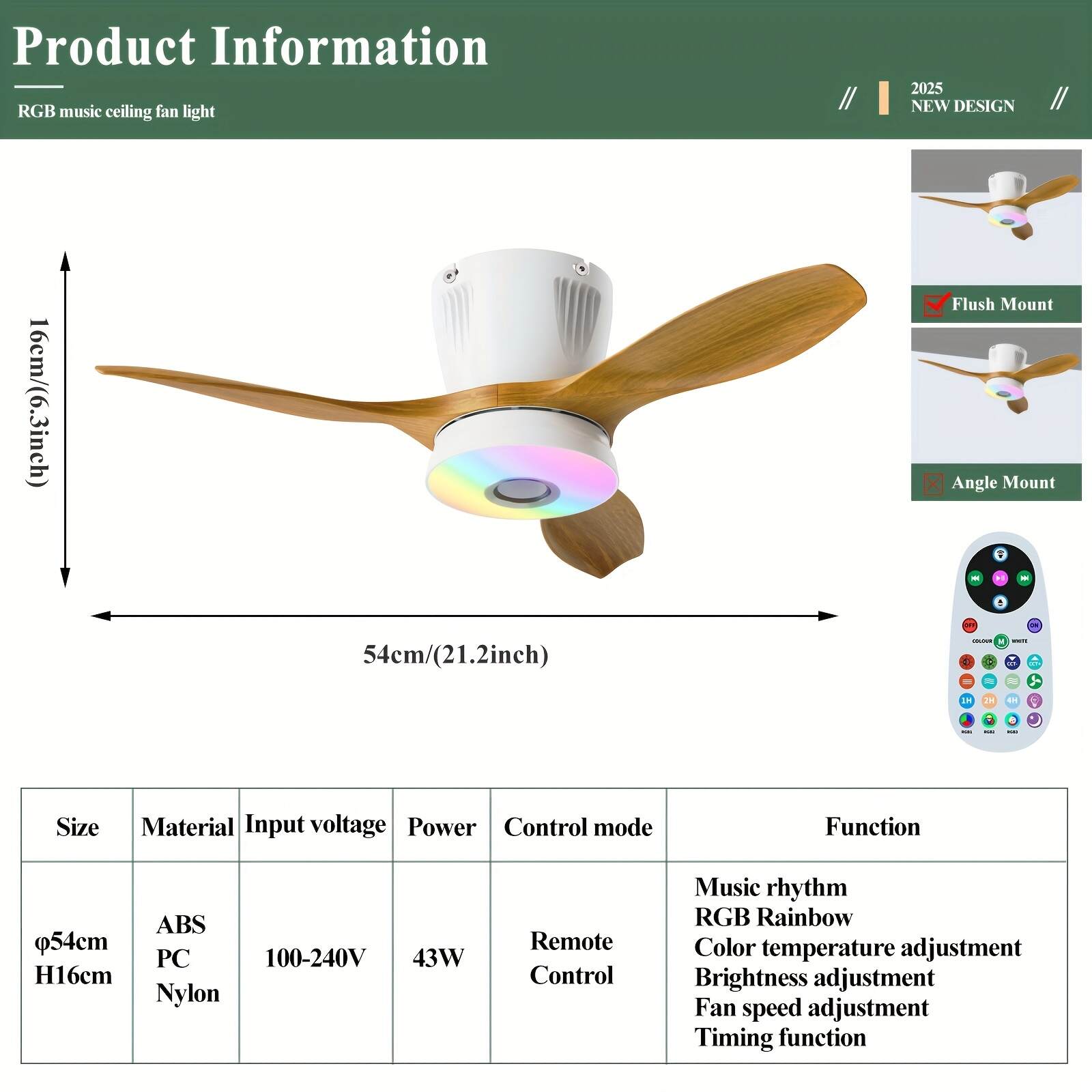 Smart RGB Rainbow Music Rhythm Speaker LED Fan with Light, 3-speed Socket Fan Light, Remote Control Timing, 3 Colors 3000-6500k Dimmable, Suitable for Home, Office, Restaurant, Party