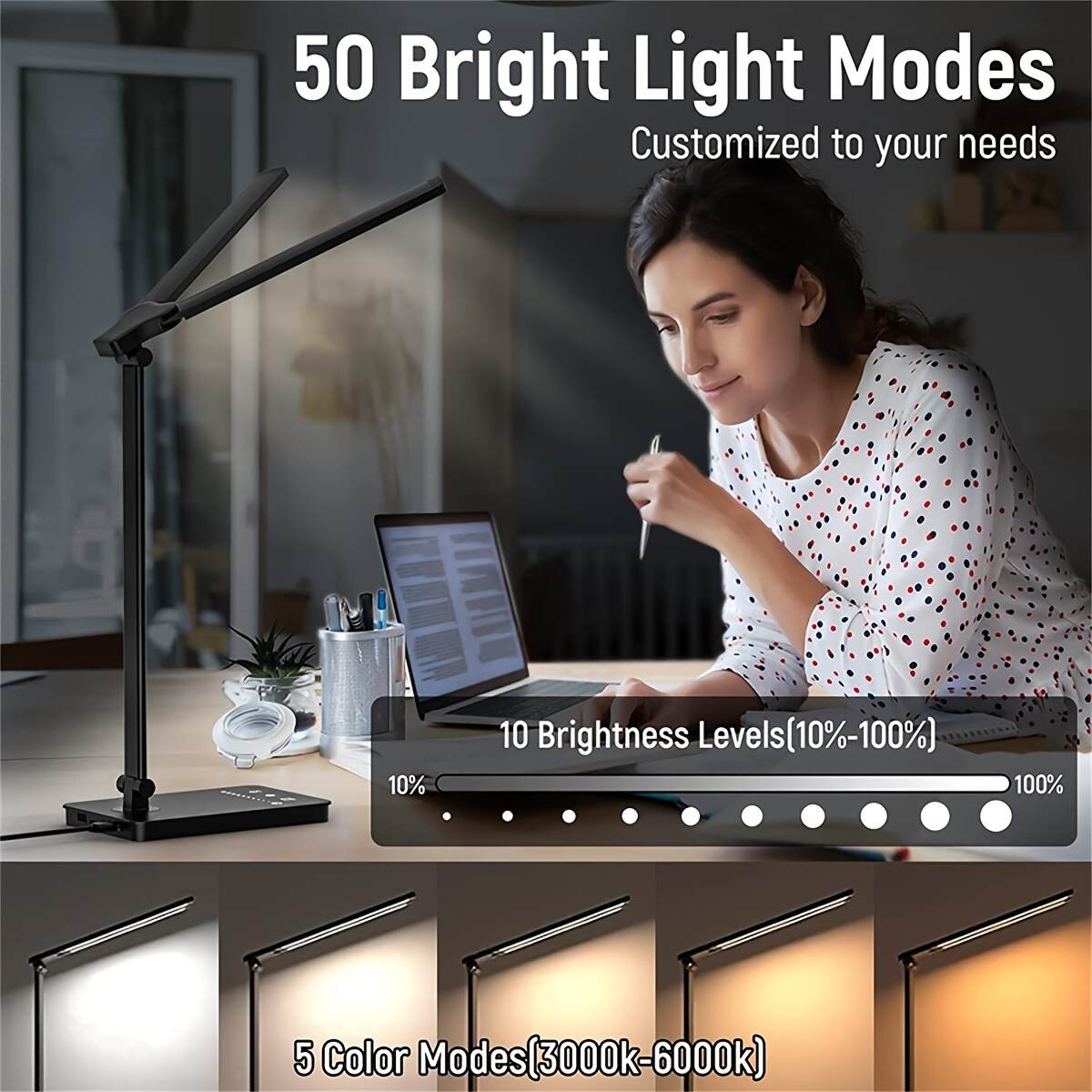 Dimmable Double-Head LED Desk Lamp, Adjustable Swing-Arm Table Lamp, Eye-Care Technology, 5 Color Modes, 5 Brightness Levels, Touch Control, with 45min Auto Timer, USB Powered, for Home Office, Bedroom, Study Room