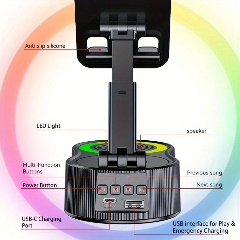 Upgraded Multi-Function Phone Holder with Wireless Speaker, RGB Mood Light & Wireless Charging - USB-C, Rechargeable Battery, Compatible with Phones/Tablets, Indoor/Outdoor Use, Valentine's Day & Holiday Gift, Multimedia Accessory, Speckled Design, Sturdy
