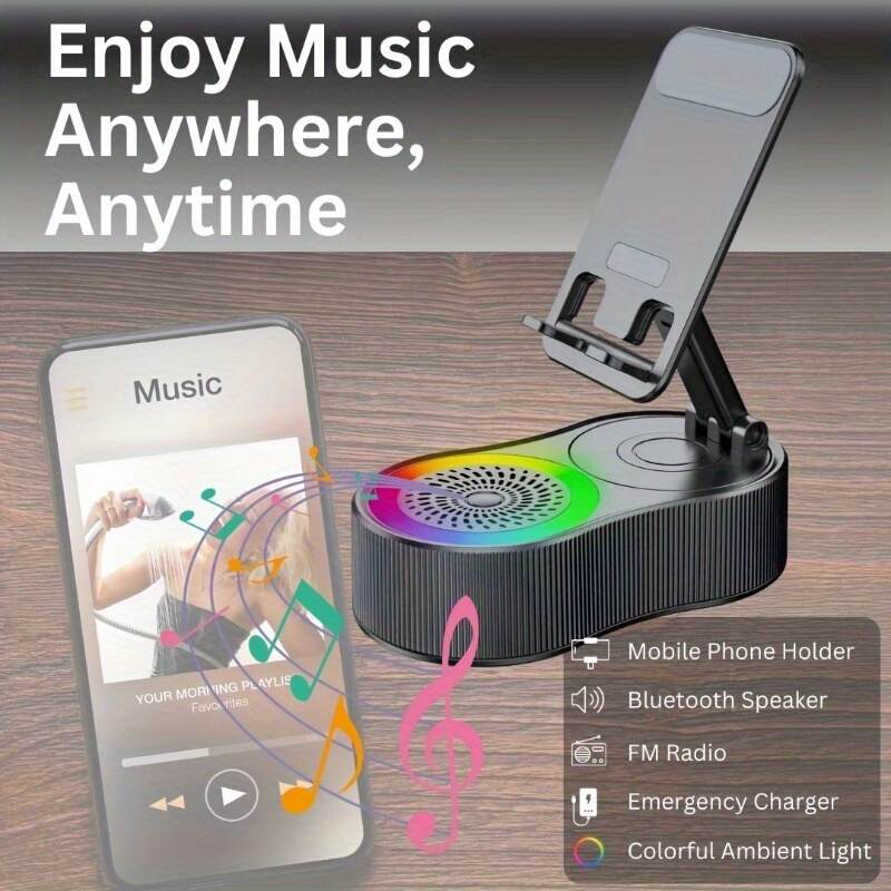 Upgraded Multi-Function Phone Holder with Wireless Speaker, RGB Mood Light & Wireless Charging - USB-C, Rechargeable Battery, Compatible with Phones/Tablets, Indoor/Outdoor Use, Valentine's Day & Holiday Gift, Multimedia Accessory, Speckled Design, Sturdy