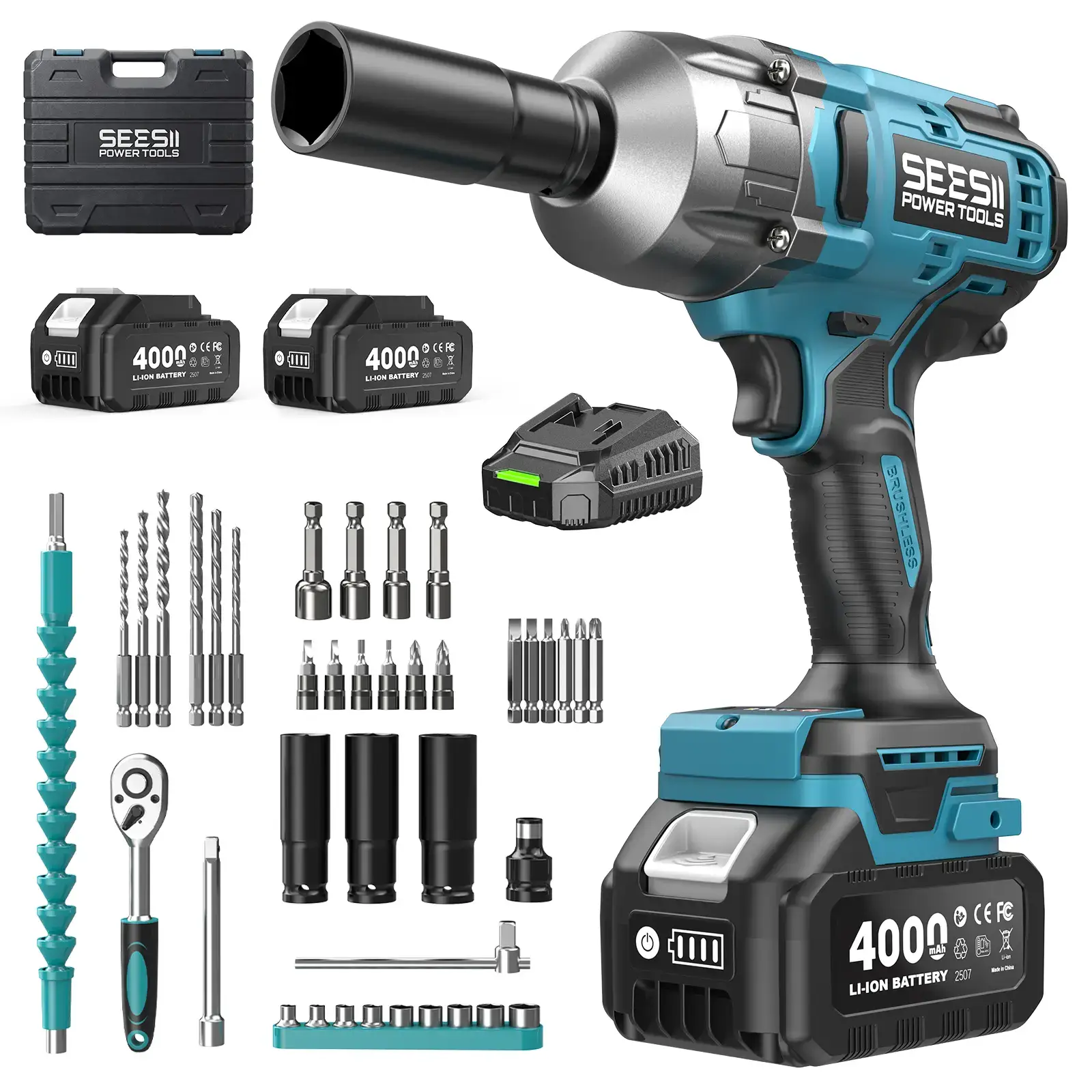 Cordless Brushless Impact Wrench WH860 Ultra 1300Nm High Torque 2x 21V 4.0Ah Li-ion Batteries 3-Speed Gear LED Light Full Accessories Kit for Agricultural Machinery Trucks Car Repair Home Use