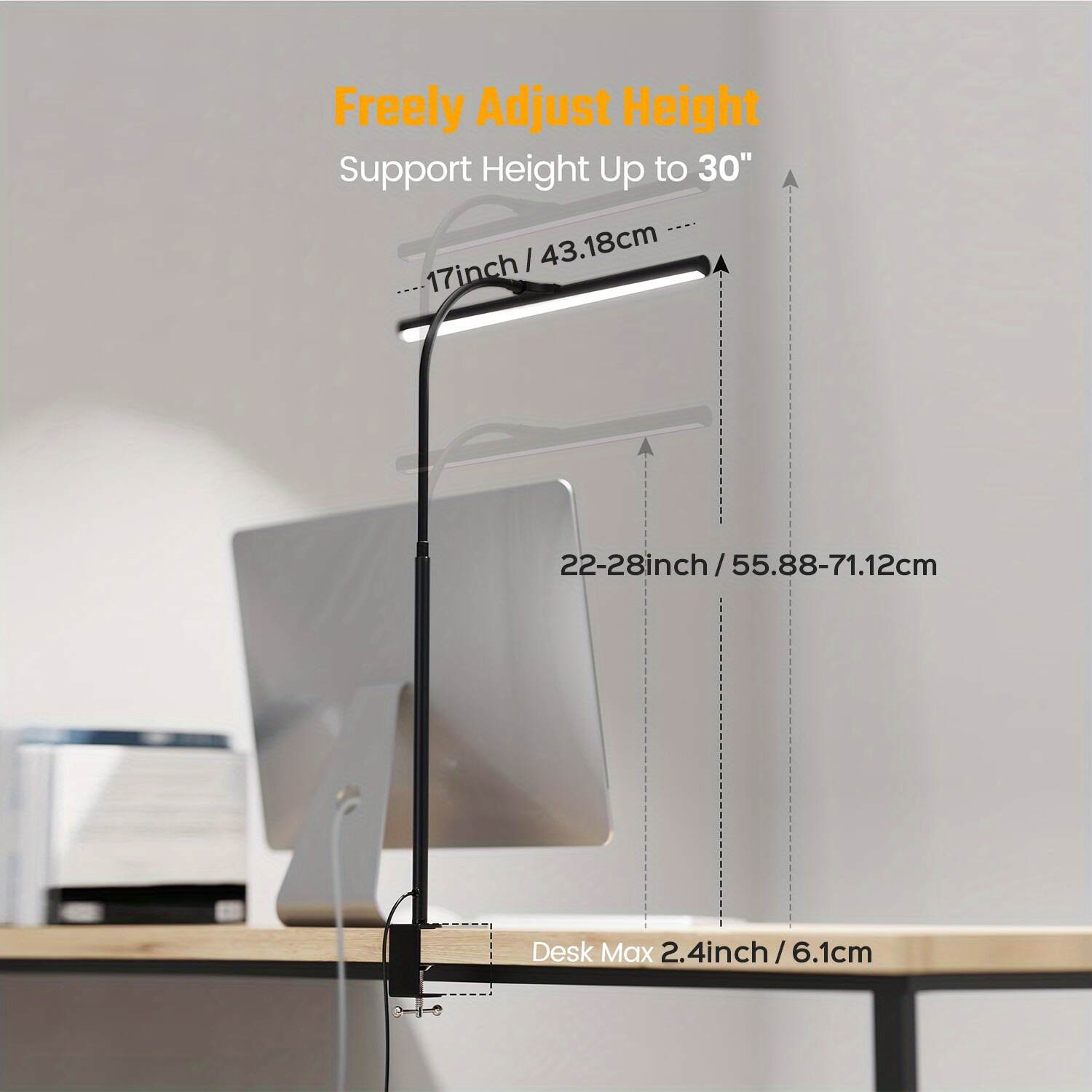 Desk Lamp for Home Office, Eye-Caring Desk Light with Adjustable Gooseneck, 12W Touch Control Dimmable Brightness, Architect Clamp Lamp for Computer Monitor