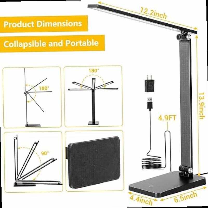 LED Desk Lamp for Home Office 3 Levels Dimmable Desk Light with USB Charging Port Small Study Lamp Reading Light for Table Black 5000K