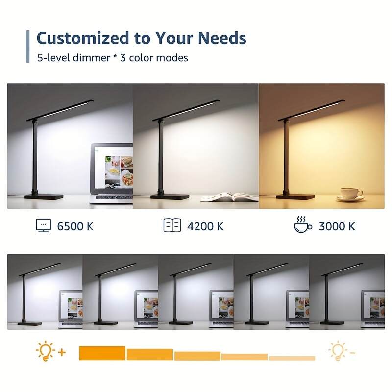 Adjustable LED Desk Lamp with Touch Control, 5 Lighting Modes & Brightness Levels, 45-Minute Auto Timer, USB Powered, Eye-Caring Dimmable Table Lamp for Home, Office, and Reading - White/Black