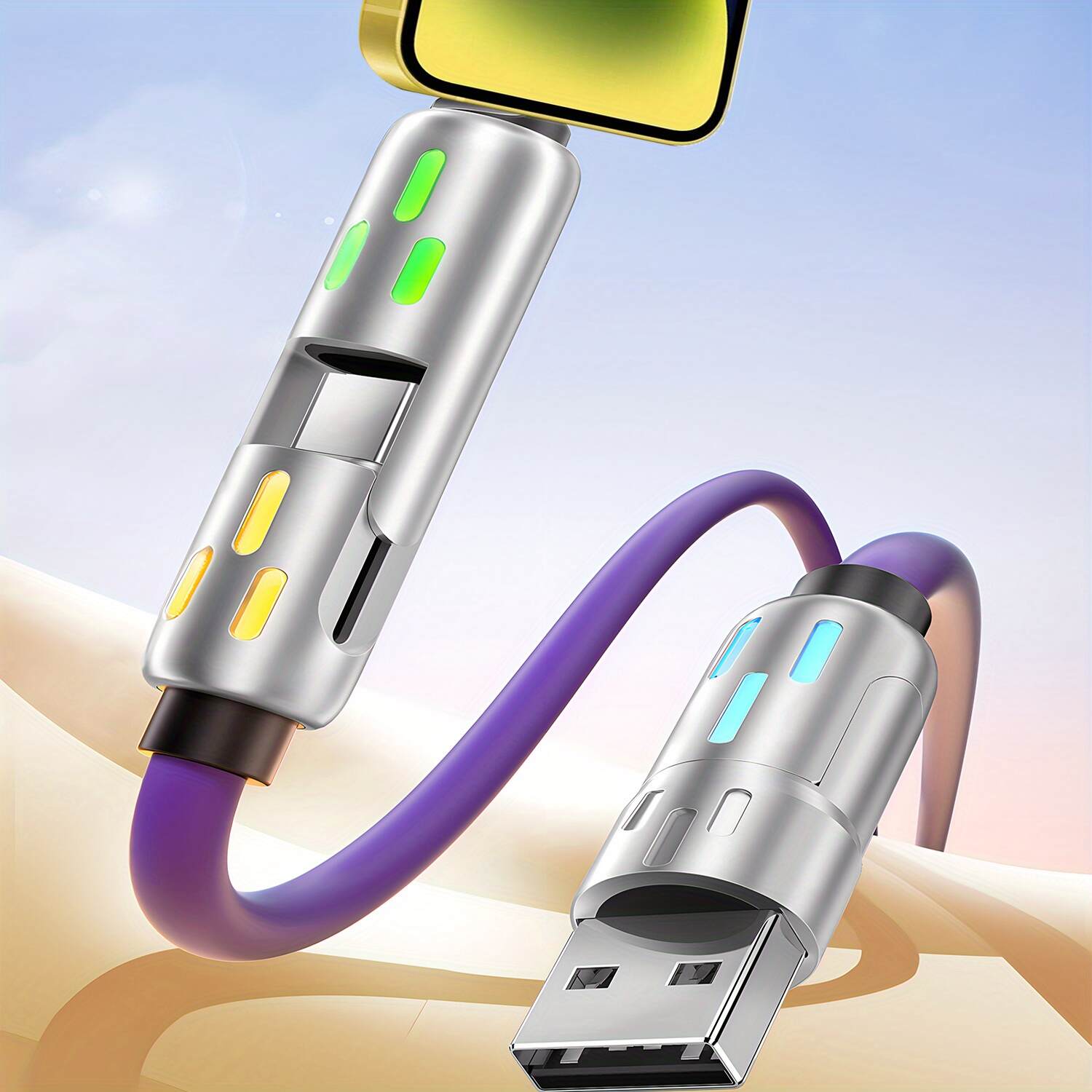 [Fast Charging Cable] 4-in-1 Fast Charging USB Type-C Cable | Full Line Compatibility for iPhone 15/14/13/12, Xiaomi, Samsung, Oneplus - Multi-Color LED Indicator, High-Speed Charging, No Battery, USB Powered, for KADIXI