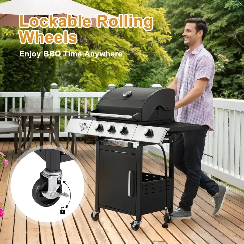 3-Burner Outdoor Barbeque Grill - Side Burner & Cast Iron Grates, 43.3
