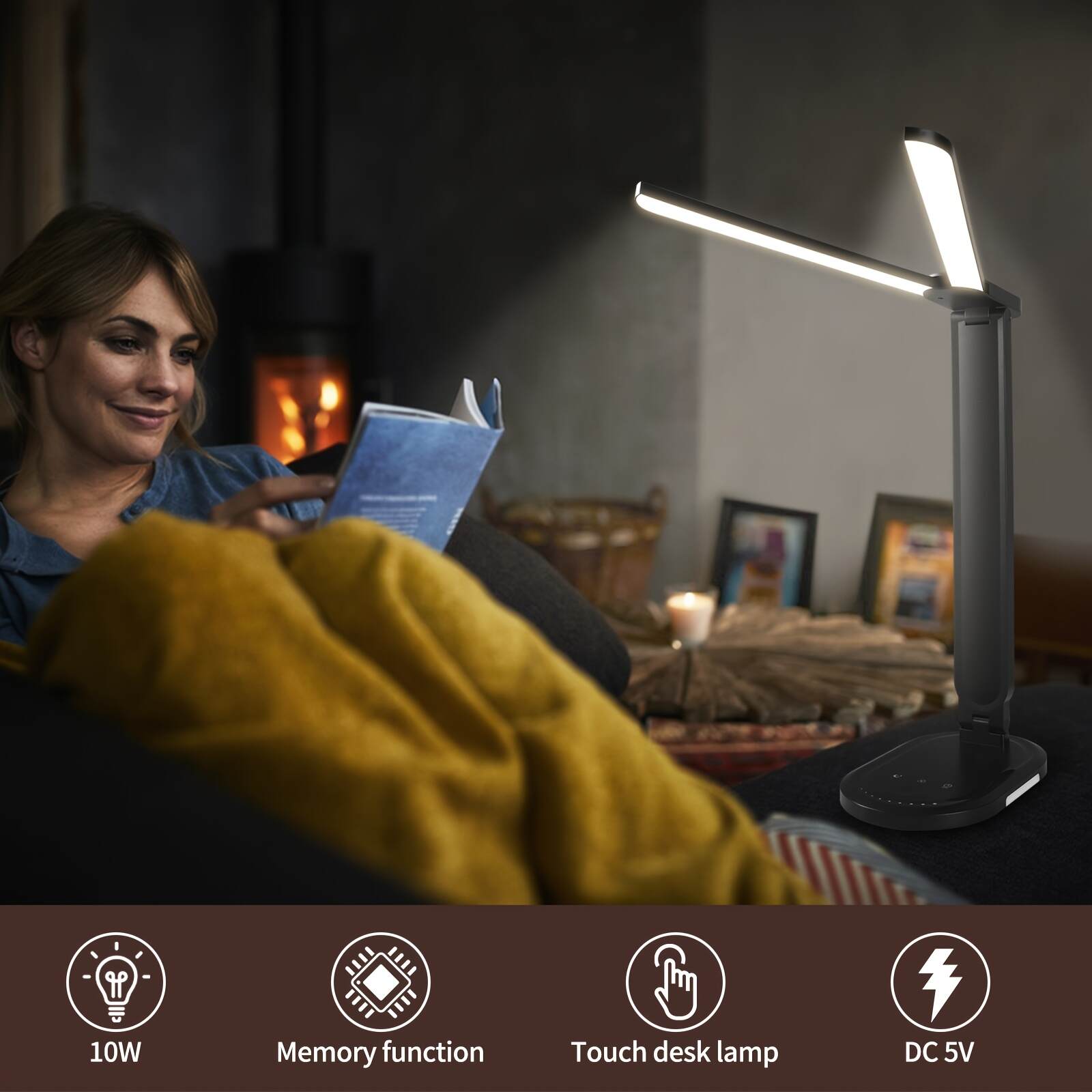 2pcs Adjustable & Foldable LED Desk Lamps with Dual Arms, Touch Control, Eye-Care Technology, USB-Powered, White/Black - Ideal for Home Office, Study, Crafting, Study Desk Lamp | Sleek Design | Versatile Positioning