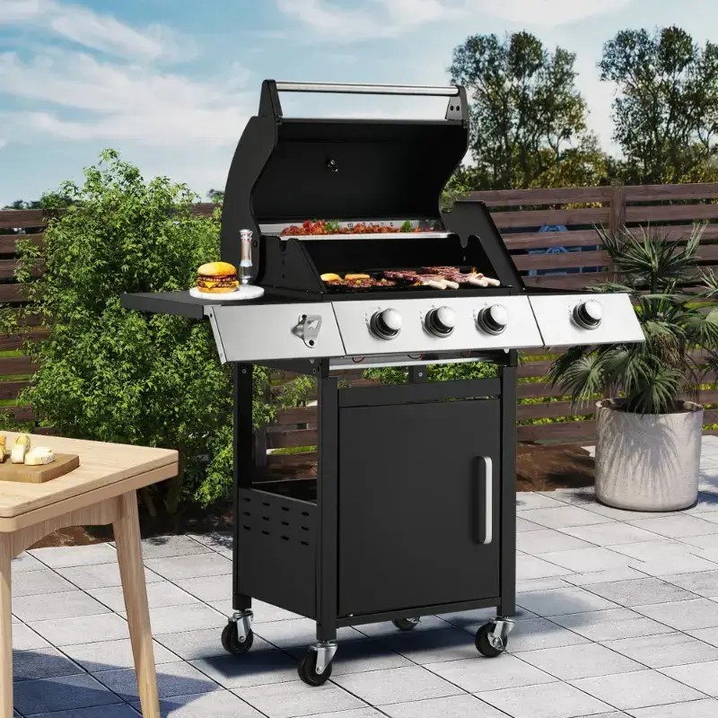 3-Burner Outdoor Barbeque Grill - Side Burner & Cast Iron Grates, 43.3