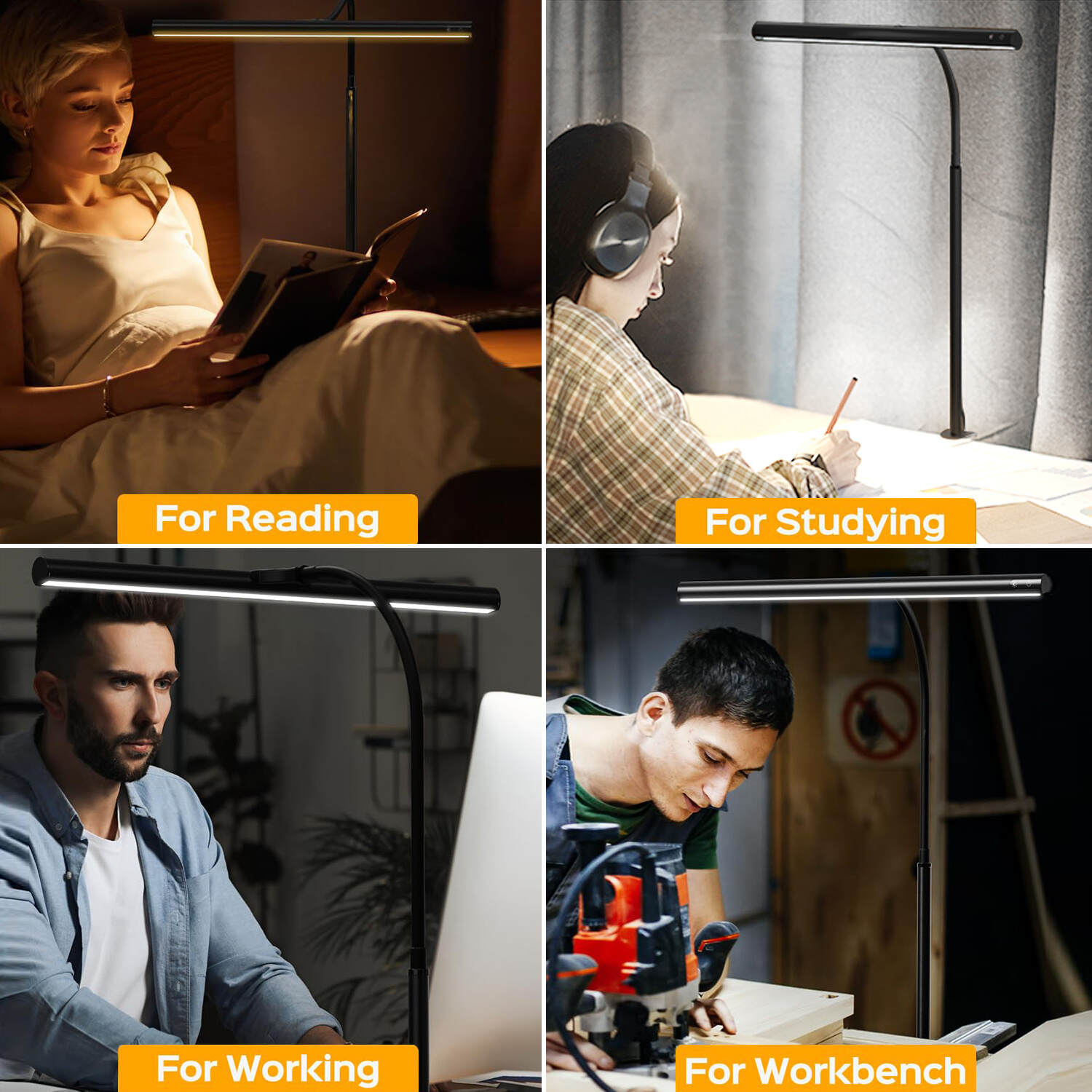 Desk Lamp for Home Office, Eye-Caring Desk Light with Adjustable Gooseneck, 12W Touch Control Dimmable Brightness, Architect Clamp Lamp for Computer Monitor