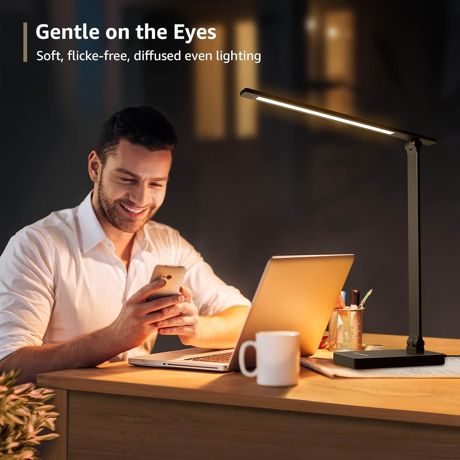 Adjustable LED Desk Lamp with Touch Control, 5 Lighting Modes & Brightness Levels, 45-Minute Auto Timer, USB Powered, Eye-Caring Dimmable Table Lamp for Home, Office, and Reading - White/Black