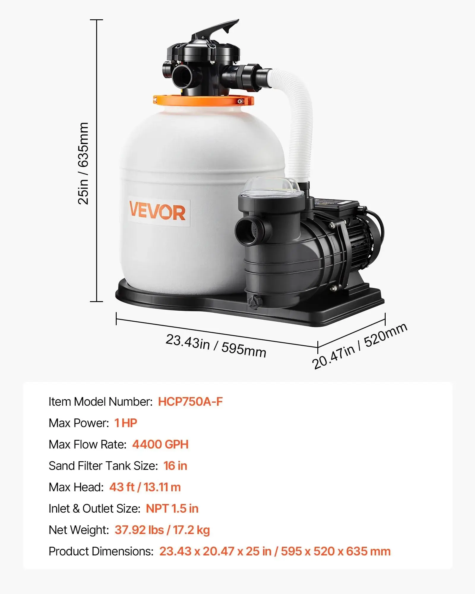 Sand Filter Pump, 16 in for Above Ground Pool, 1 HP 4400 GPH, Swimming Pool Filter System with Timer, 6X Faster Filtration with Media Installed, Leak-Resistant, Ready to Use Out of Box