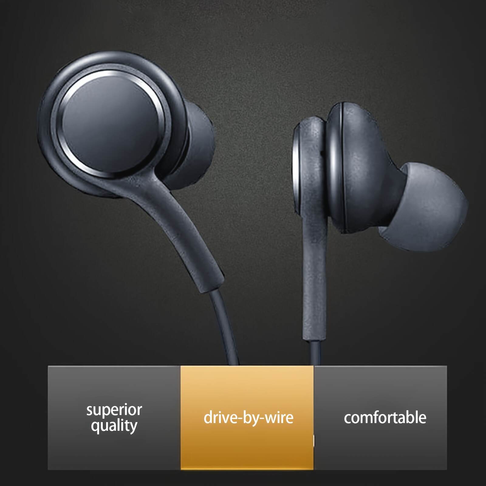 Black In-Ear Earbuds with Cable Control, C-Shaped Flat Head & Design - Comfort Fit for Running, Gaming, Sports, 3.5mm Jack, Call Noise Cancellation, USB Charging, 100cm Tangle-Free Cable