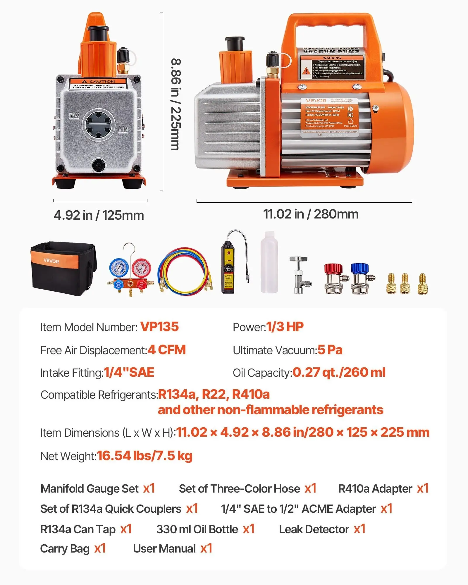4 CFM 1/3 HP HVAC Single Stage Rotary Vane Vacuum Pump and Manifold Gauge KitSummervibes