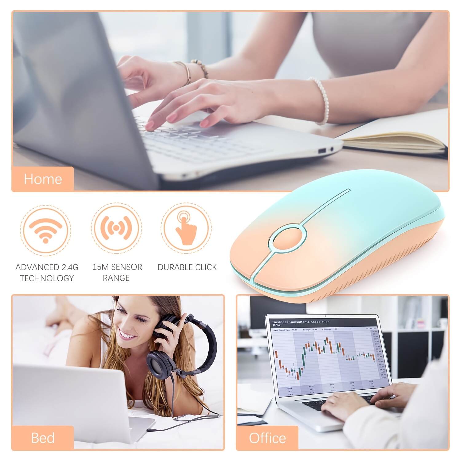 2.4G Wireless Mouse with Nano Receiver - Slim Ergonomic Optical mouse, Quiet Clicks, DPI, Plug & Play, Compatible with PC, Laptop, Mac, Tablet - Gradient Orange to Mint Green (Battery-Powered, AA Not Included) - Ideal for Office, Gaming, Streaming, Office