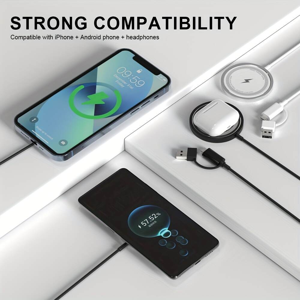 Portable Pocket Wireless Charger - Fast 30W Charging, Low Heat, Magnetic USB-Powered Charger for Phones, Earphones & Headphones, Strong Compatibility with iPhone, Android & Smart Devices, Portable Phone Charger