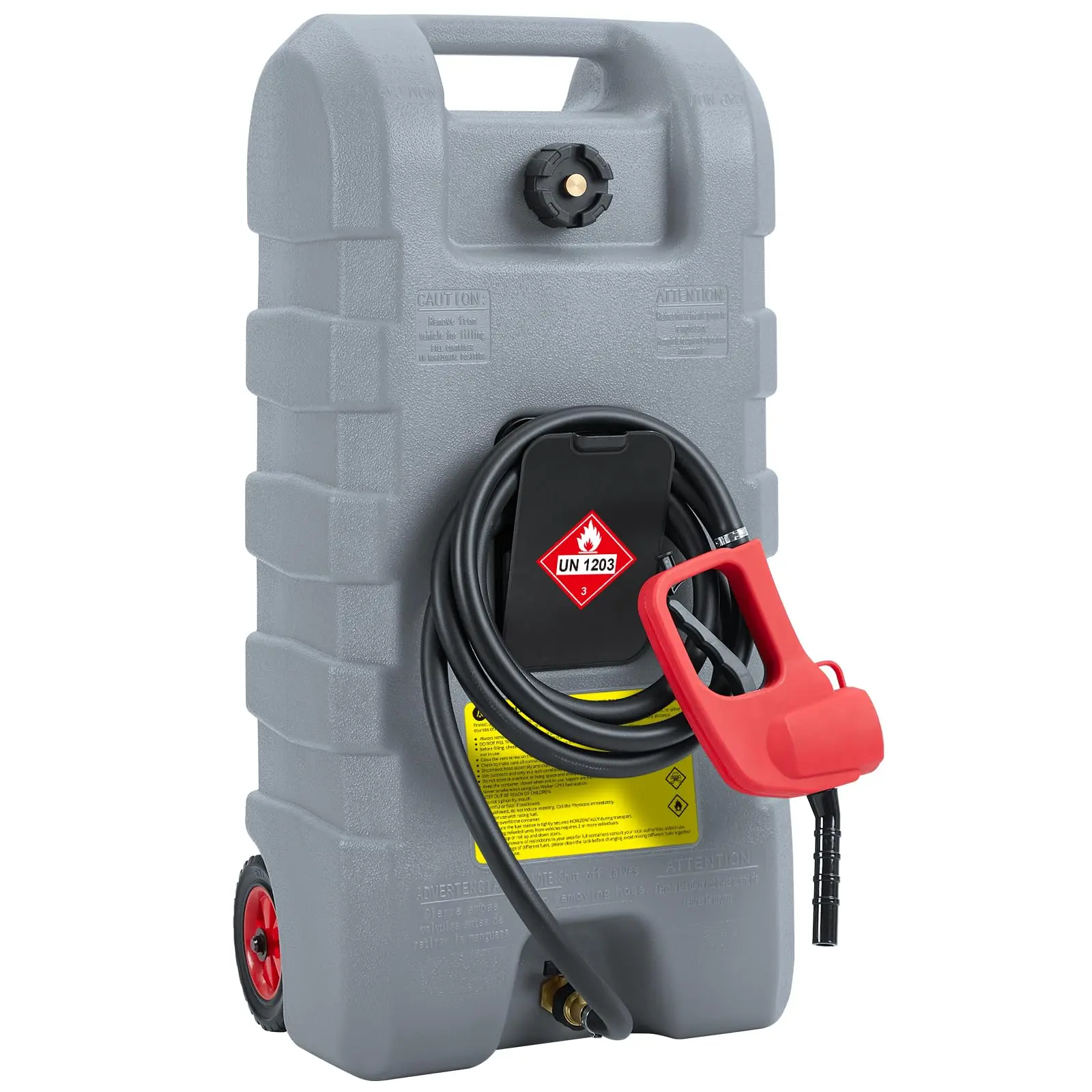 Portable Fuel Caddy with 10-ft Hose, Siphon Pump, and 7.5 L/min Manual Nozzle, Available in Gray, Red, and Yellow for Efficient Fuel Transfer and Storage.