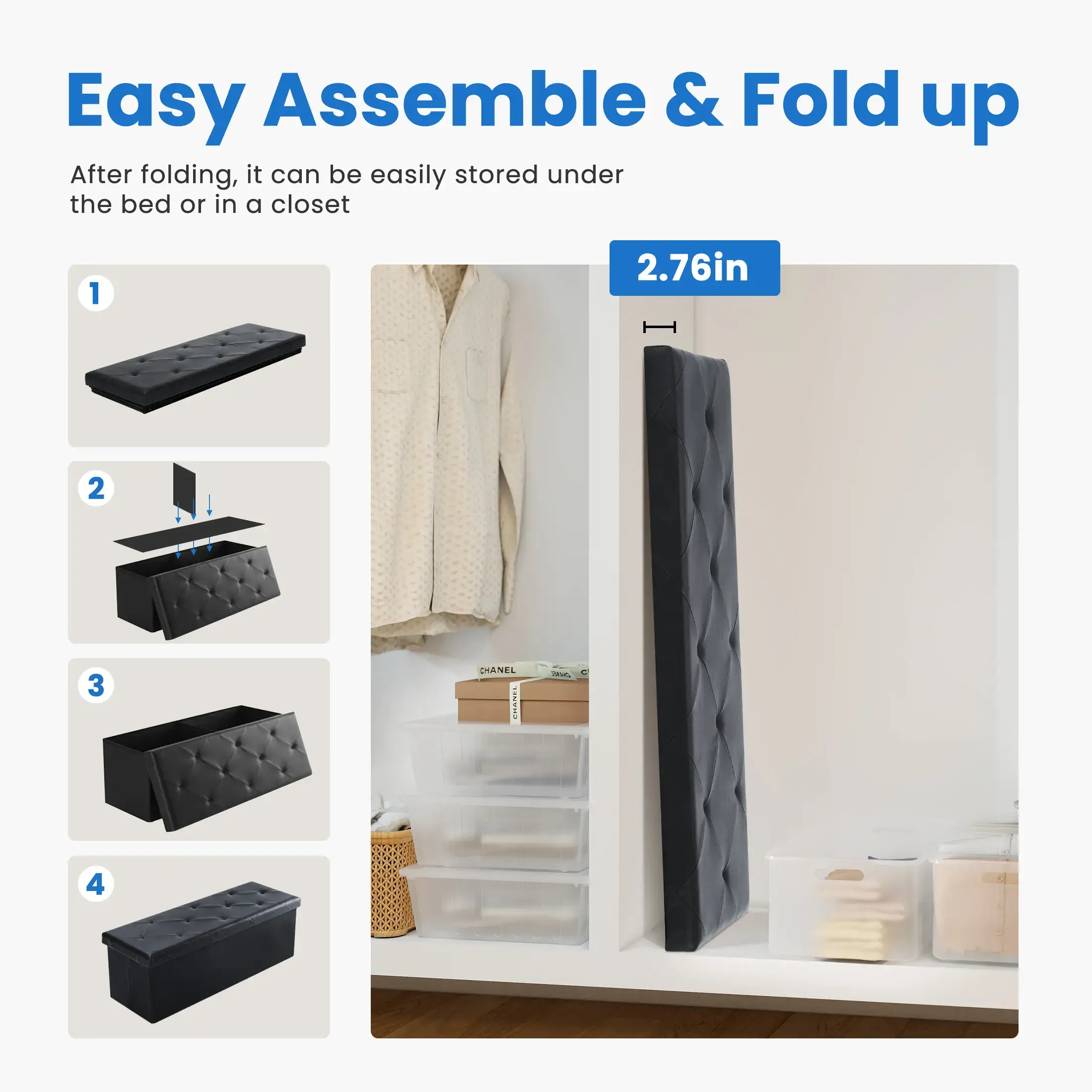 Folding Storage Ottoman Bench Modern Linen Fabric Padded Seat Large Toy Box End of Bed Entryway Comfortable Durable Multifunctional Seater