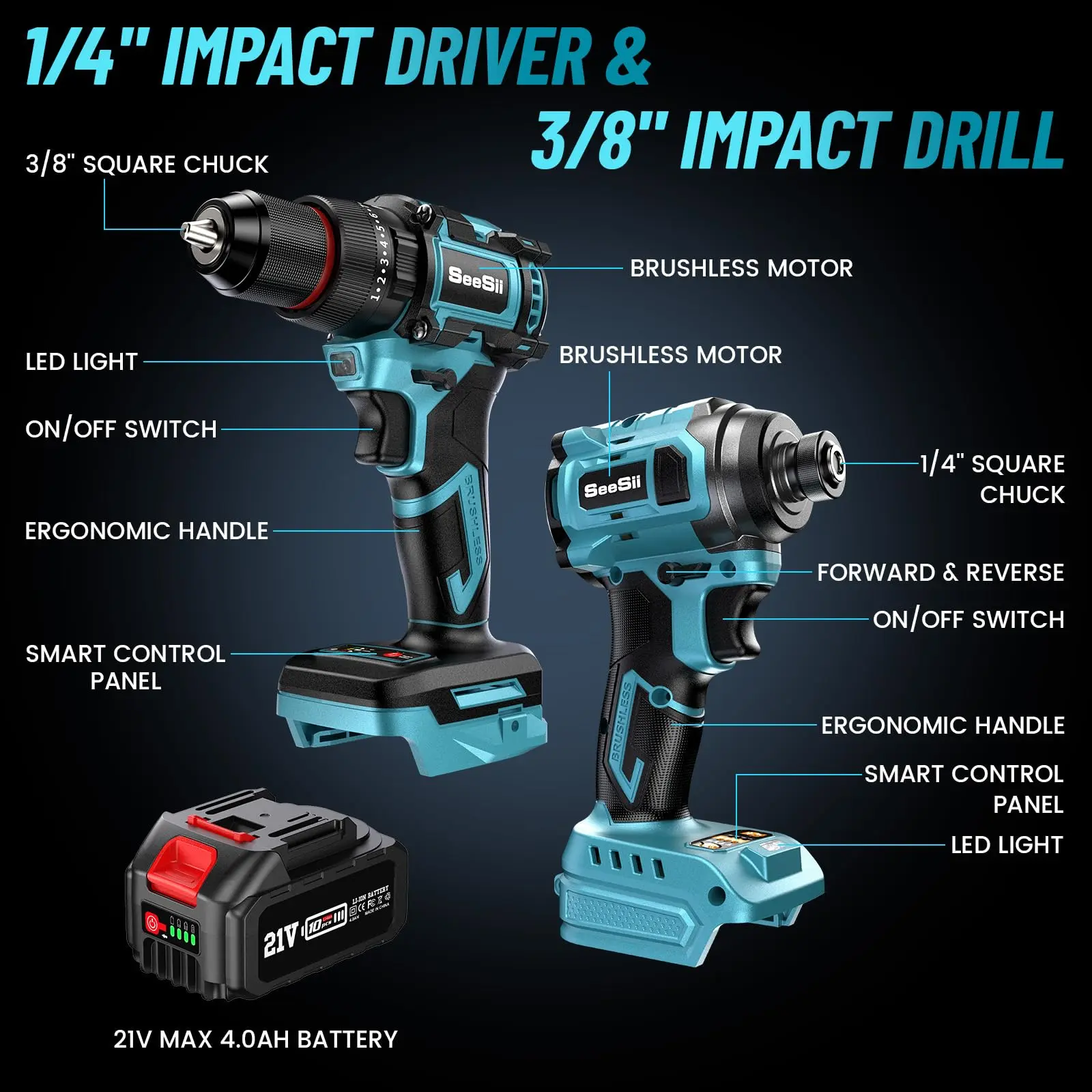 3/8'' Brushless Cordless Drill and 1/4'' Impact Driver Combo Kit with 2 Batteries, 21V Max Electric Brushless Power Tool Set with Fast Charger