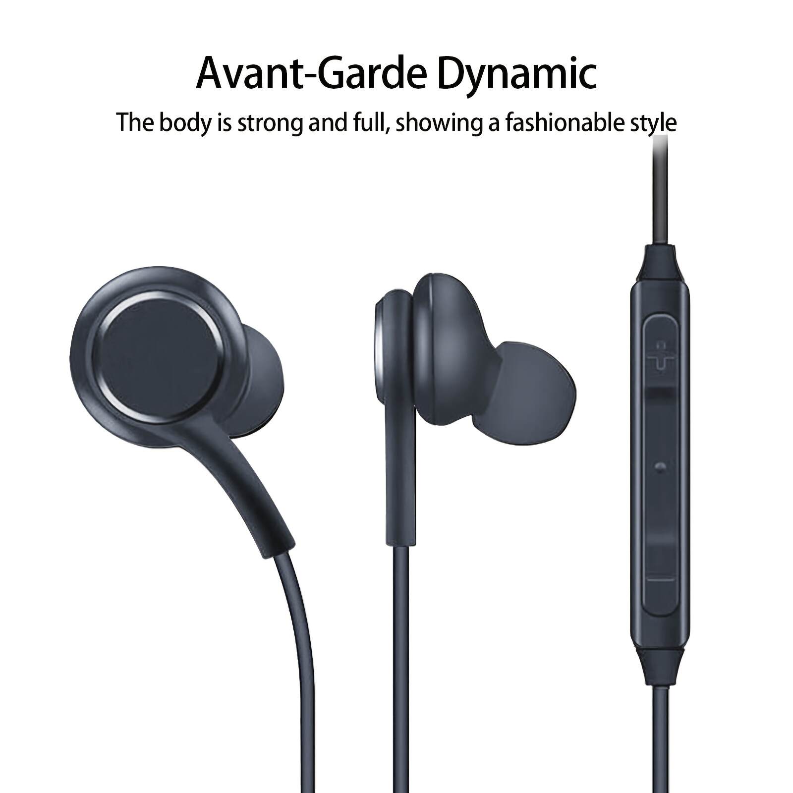 Black In-Ear Earbuds with Cable Control, C-Shaped Flat Head & Design - Comfort Fit for Running, Gaming, Sports, 3.5mm Jack, Call Noise Cancellation, USB Charging, 100cm Tangle-Free Cable