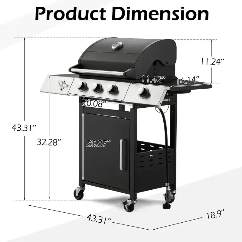 3-Burner Outdoor Barbeque Grill - Side Burner & Cast Iron Grates, 43.3