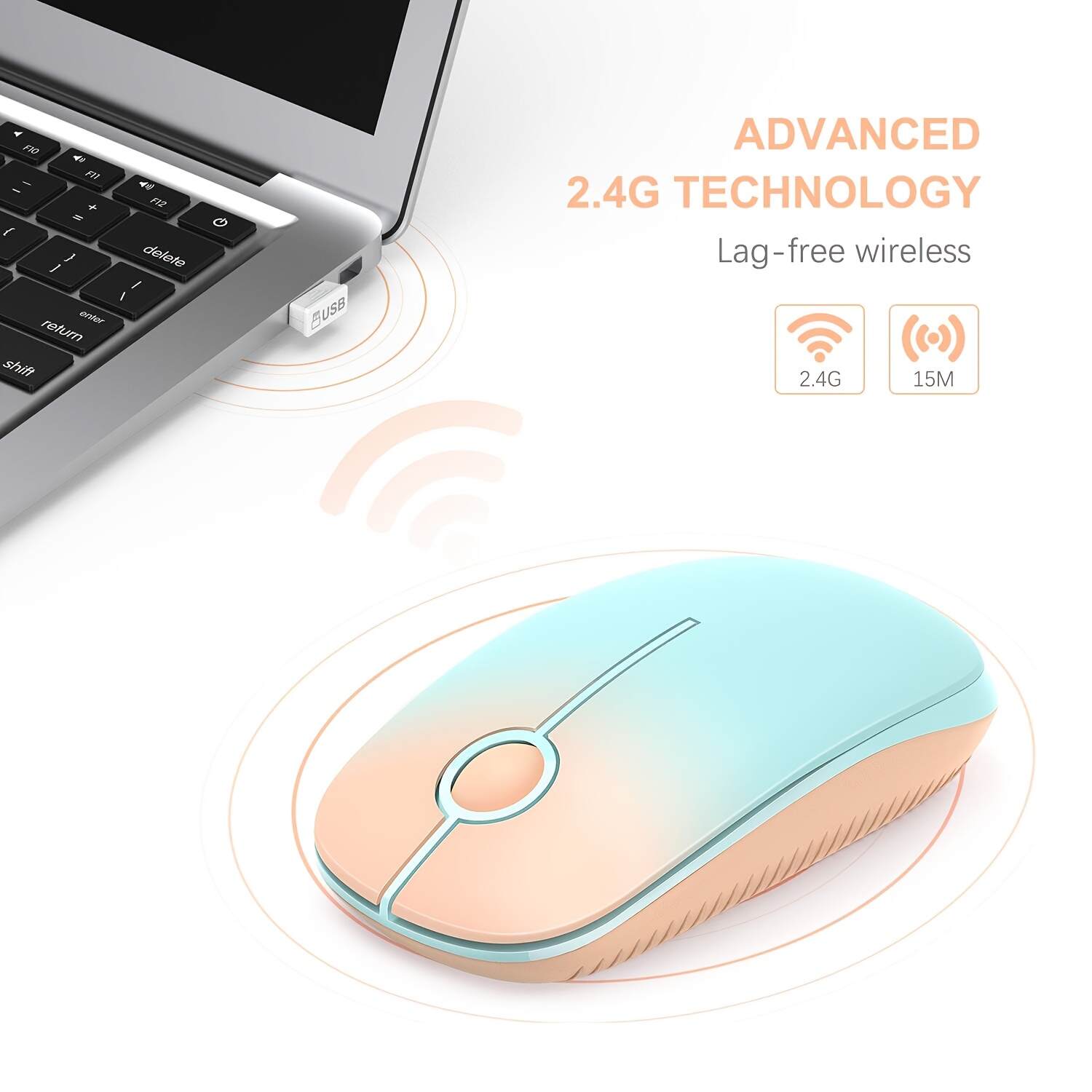 2.4G Wireless Mouse with Nano Receiver - Slim Ergonomic Optical mouse, Quiet Clicks, DPI, Plug & Play, Compatible with PC, Laptop, Mac, Tablet - Gradient Orange to Mint Green (Battery-Powered, AA Not Included) - Ideal for Office, Gaming, Streaming, Office