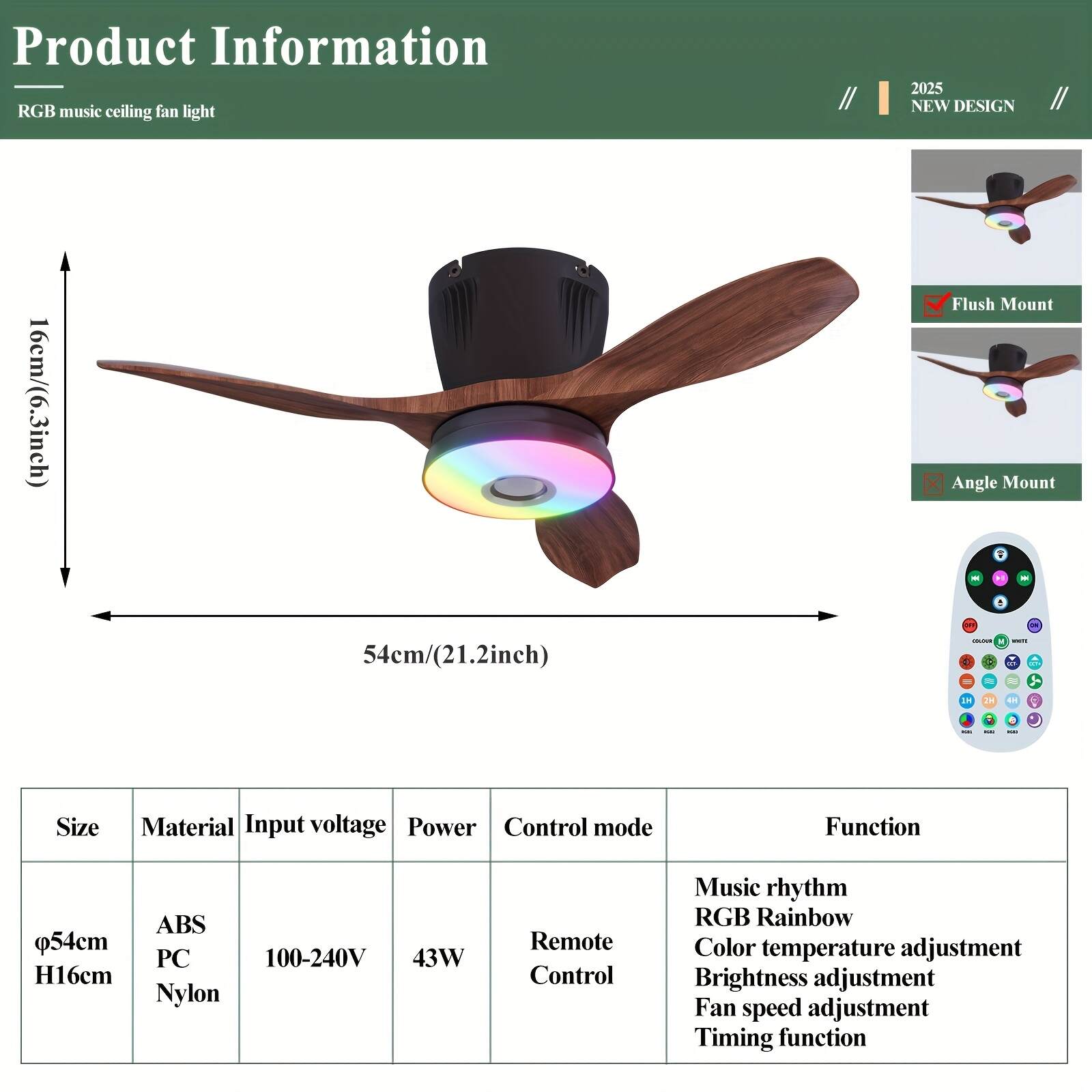 Smart RGB Rainbow Music Rhythm Speaker LED Fan with Light, 3-speed Socket Fan Light, Remote Control Timing, 3 Colors 3000-6500k Dimmable, Suitable for Home, Office, Restaurant, Party