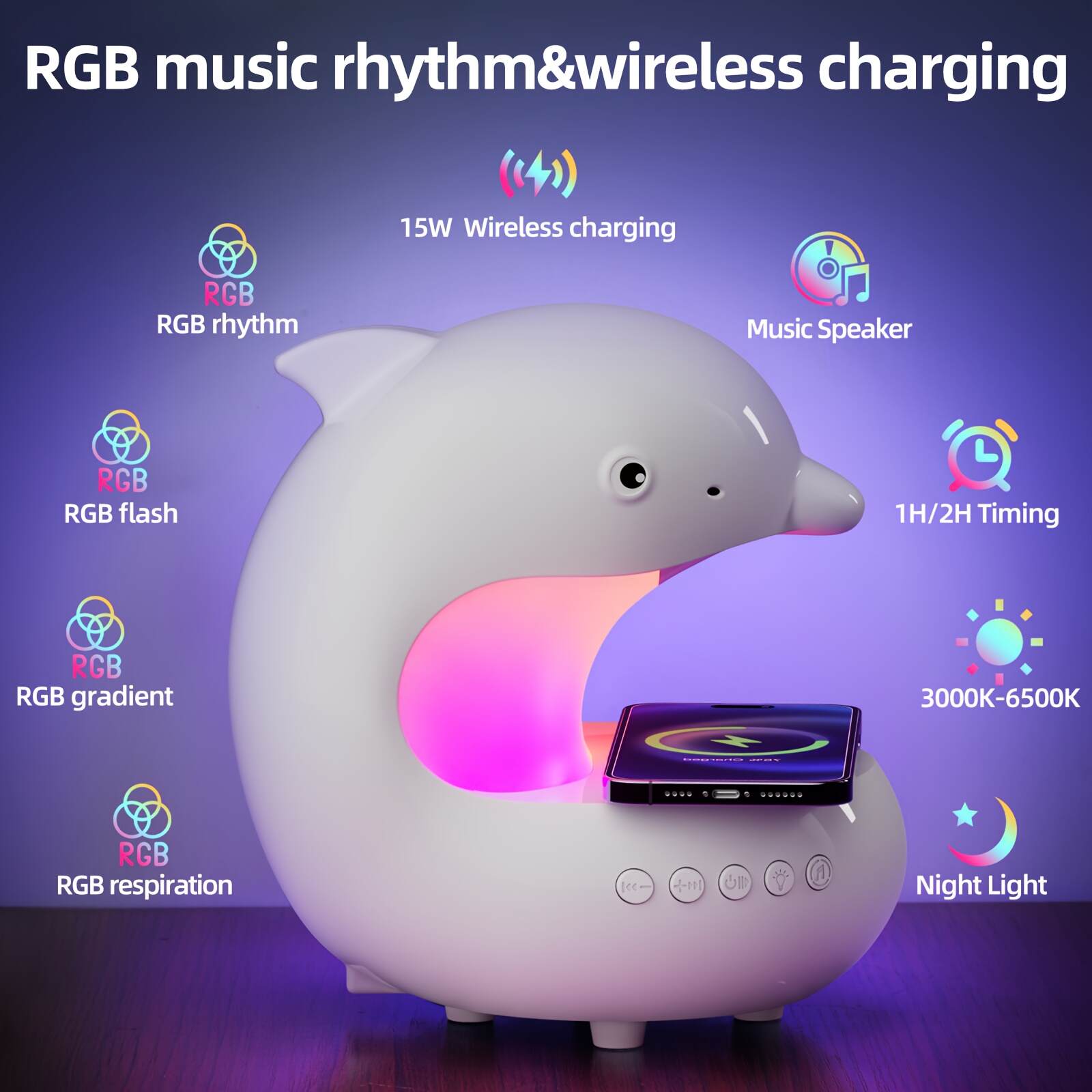 Wireless Speakers with Wireless Charging, Rhythm RGB Lights, 1200mAh Cute Dolphin Smart Lights, Bedroom Night Lights, dimmable Table Lamp, Perfect Gift Idea for Friends on Holidays & Birthdays