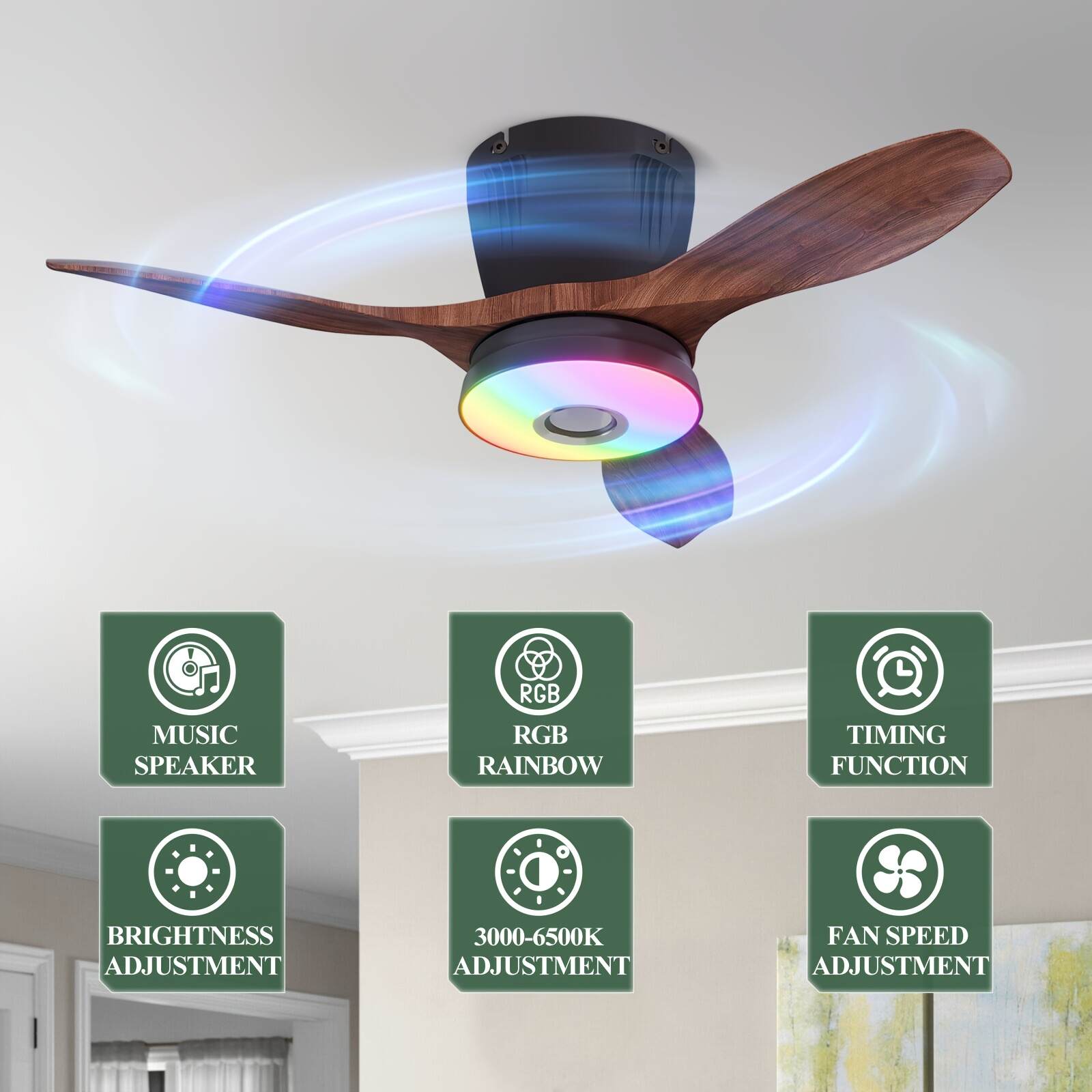 Smart RGB Rainbow Music Rhythm Speaker LED Fan with Light, 3-speed Socket Fan Light, Remote Control Timing, 3 Colors 3000-6500k Dimmable, Suitable for Home, Office, Restaurant, Party