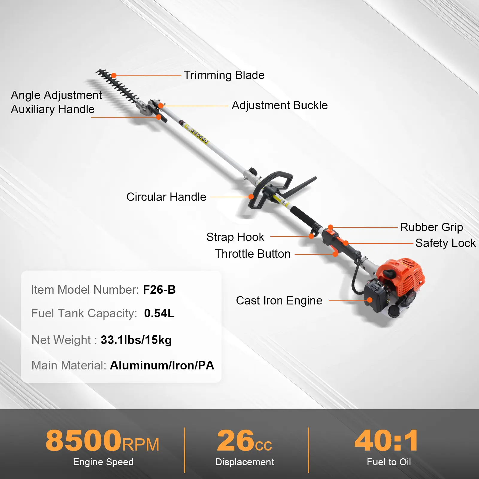 Multi-Functional Trimming Tools, Various specifications, Gas Hedge Trimmer, Weed Eater, String Trimmer, Edger, Pole Saw Chainsaw Pruner with Extension Pole Lawn Mower Garden