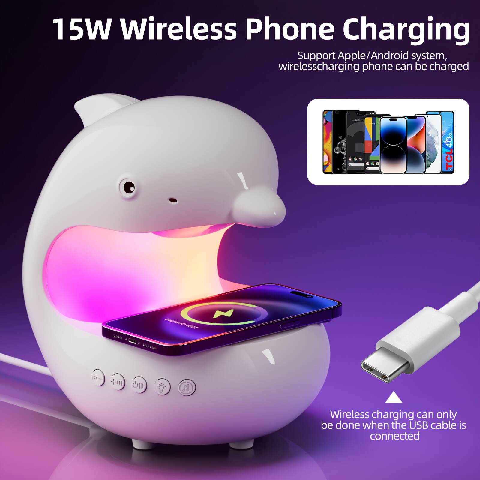 Wireless Speakers with Wireless Charging, Rhythm RGB Lights, 1200mAh Cute Dolphin Smart Lights, Bedroom Night Lights, dimmable Table Lamp, Perfect Gift Idea for Friends on Holidays & Birthdays