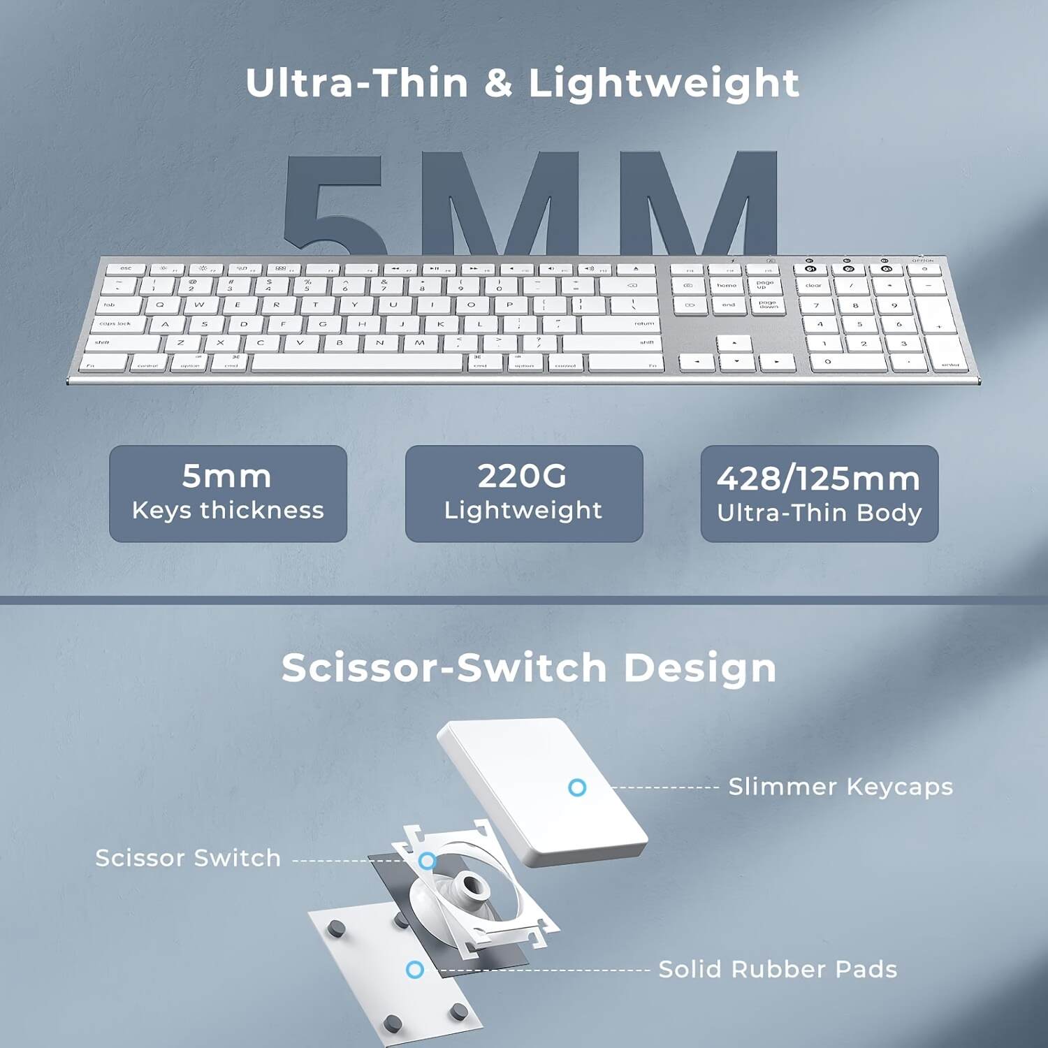 BT Keyboard for Mac- Rechargeable Full Size Keyboard for THREE Devices, Slim Quiet Keyboard with Numeric Keypad Compatible for MacBook Pro/Air, IMac, for iPhone, for iPad Pro/Air/Mini