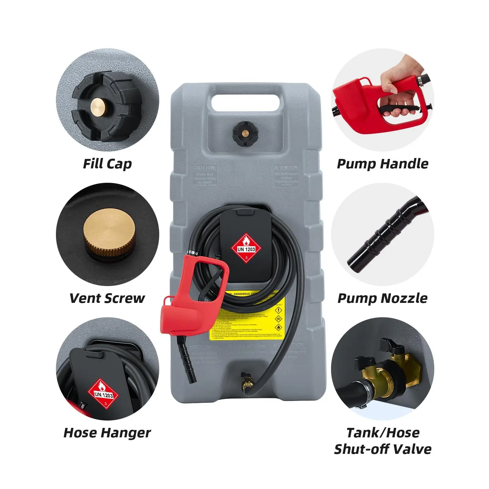 Portable Fuel Caddy with 10-ft Hose, Siphon Pump, and 7.5 L/min Manual Nozzle, Available in Gray, Red, and Yellow for Efficient Fuel Transfer and Storage.