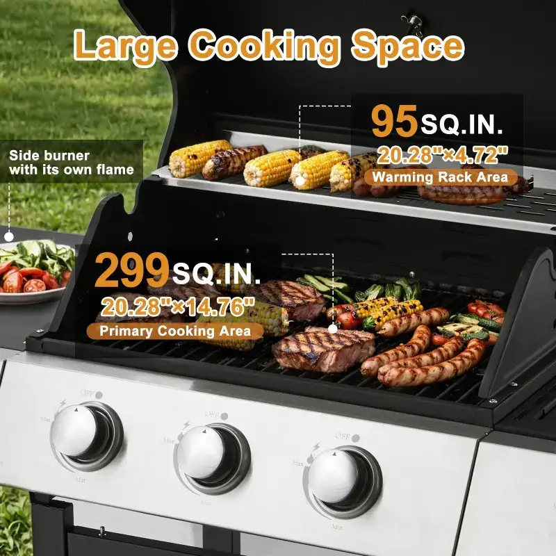 3-Burner Outdoor Barbeque Grill - Side Burner & Cast Iron Grates, 43.3