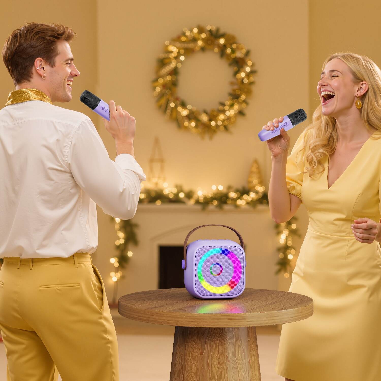 Portable Karaoke Machine, Wireless Speaker, Equipped With Dual Microphones, Rechargeable Lithium Battery, LED Party Light, Suitable For Smartphones, Tablets And Home Entertainment