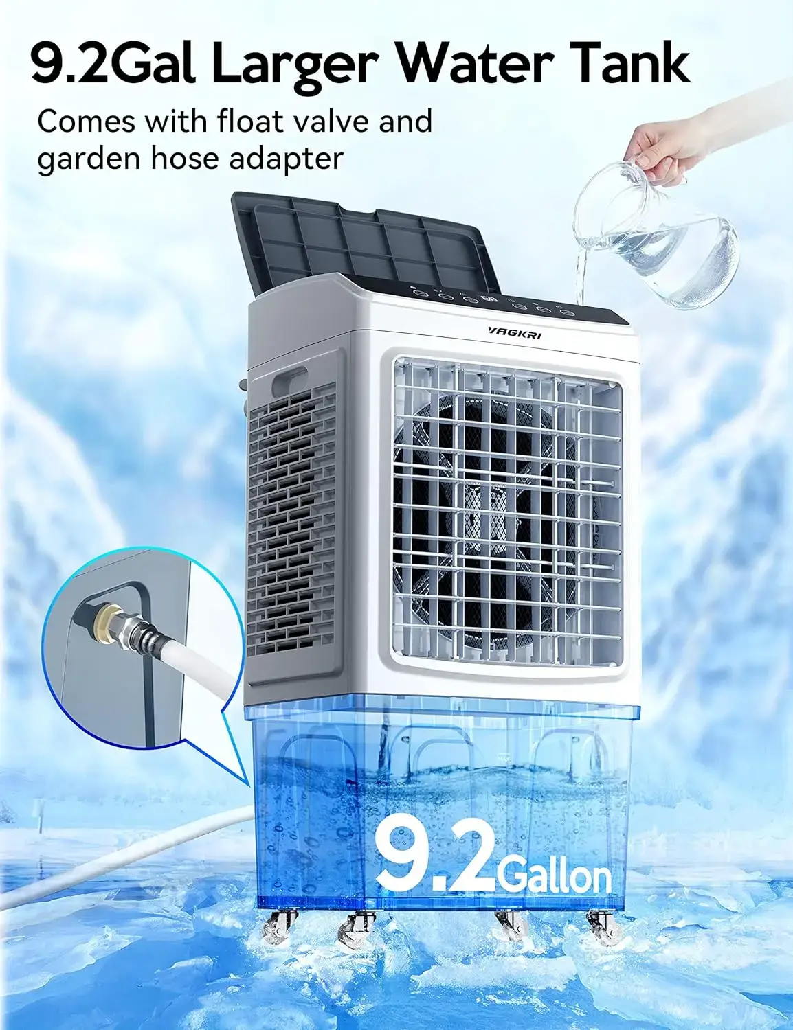 Evaporative Air Cooler,  2100-3000CFM Swamp Cooler, 120°Oscillation Air Cooler with Remote Control, 24H Timer, 3 Modes & Wind Speeds for Outdoor Indoor Use, 9.2Gallon-12Gallon