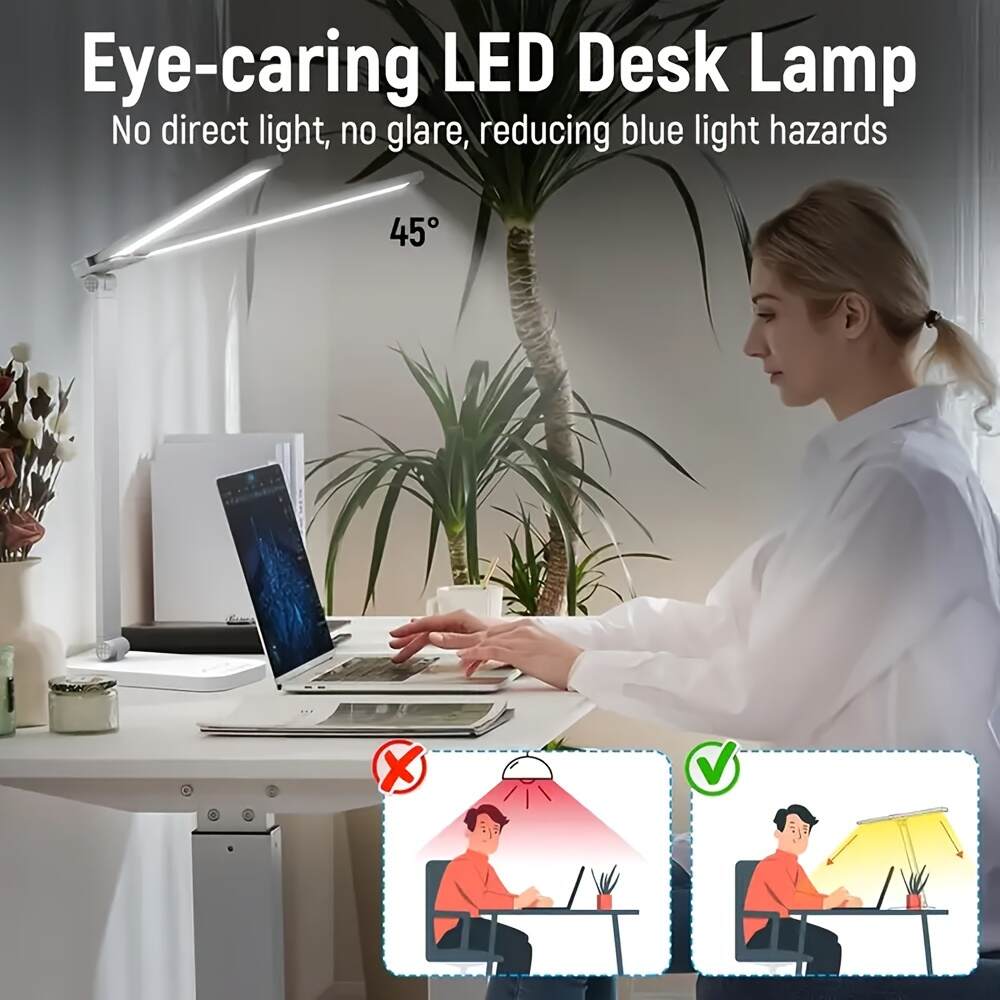 Dimmable Double-Head LED Desk Lamp, Adjustable Swing-Arm Table Lamp, Eye-Care Technology, 5 Color Modes, 5 Brightness Levels, Touch Control, with 45min Auto Timer, USB Powered, for Home Office, Bedroom, Study Room