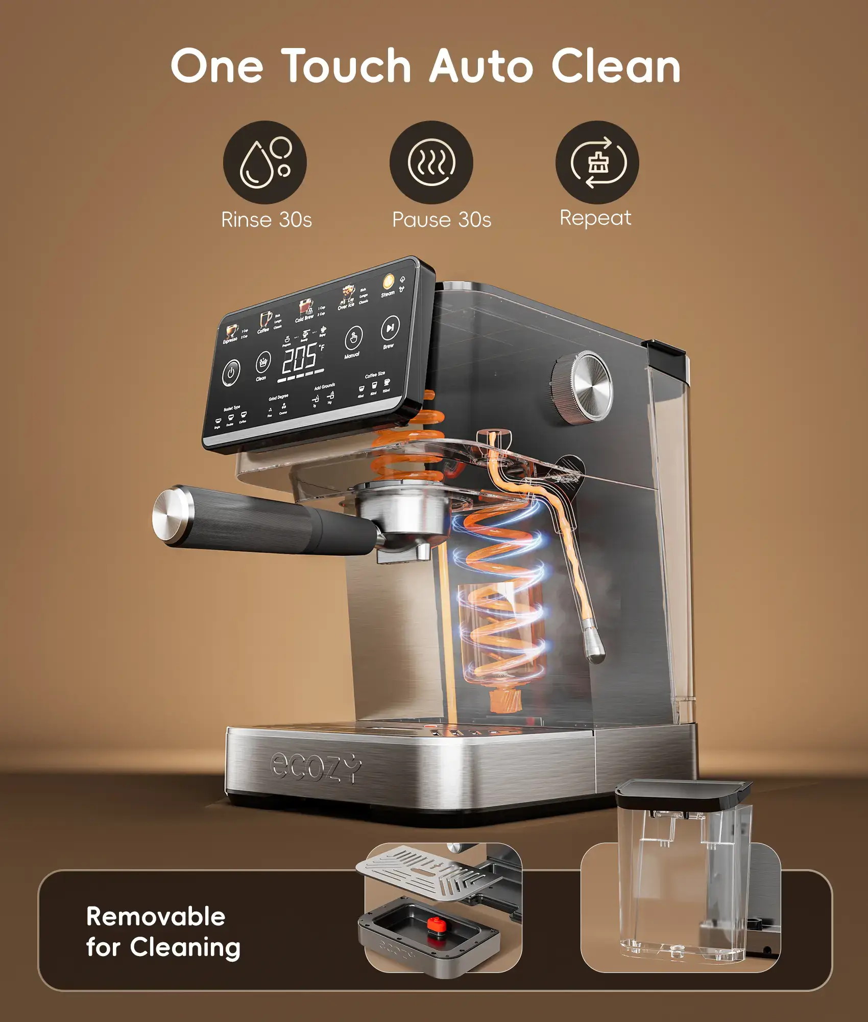 4-in-1 Espresso Machine  LED Touch Screen, 20 Bar Pump - Home Coffee Bar, Drip Coffee, Cold Brew and Over lce Machine, Intergrated Milk Frother, Stainless Steel, Brezzano Elite Series for Cappuccinos, Lattes, Americanos
