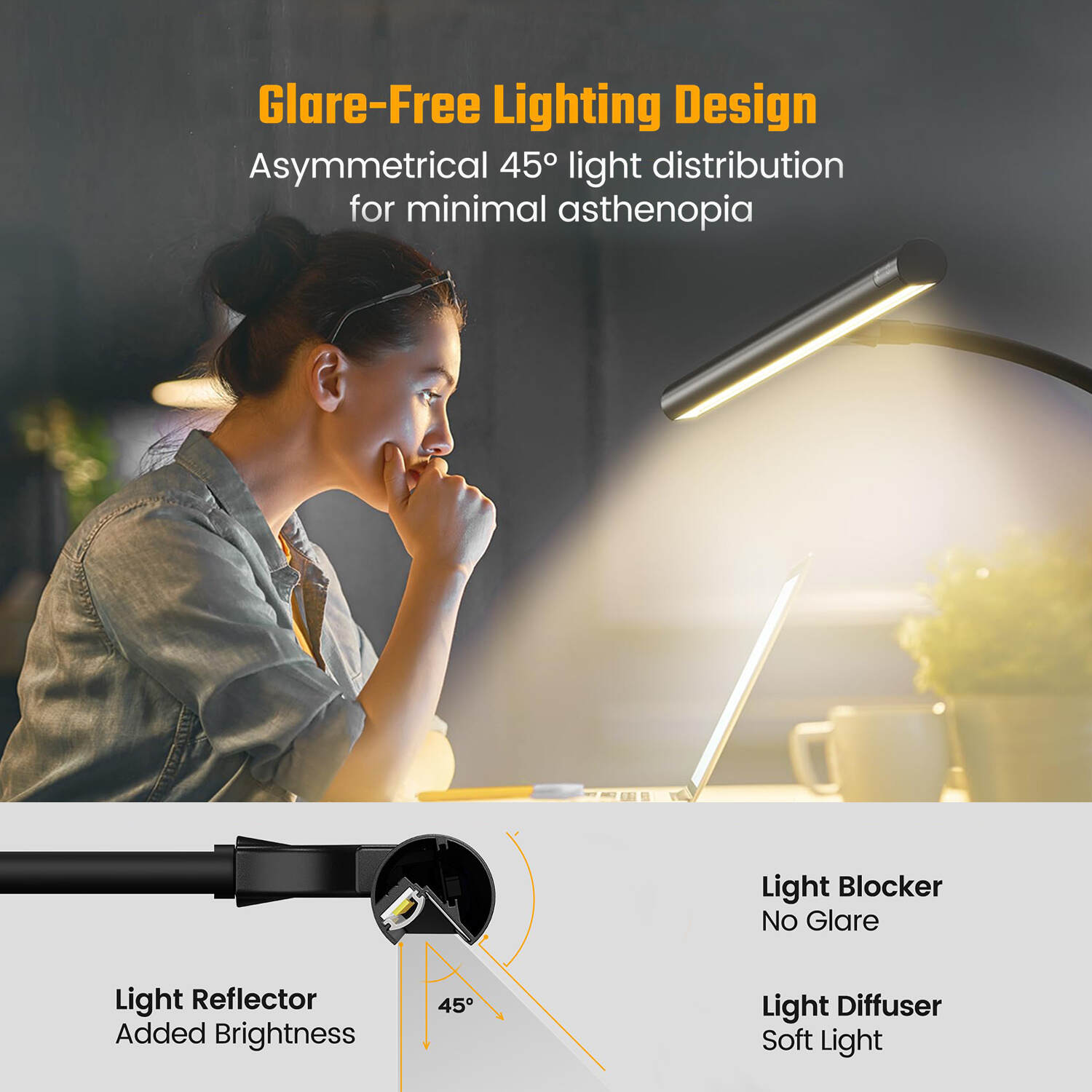 Desk Lamp for Home Office, Eye-Caring Desk Light with Adjustable Gooseneck, 12W Touch Control Dimmable Brightness, Architect Clamp Lamp for Computer Monitor